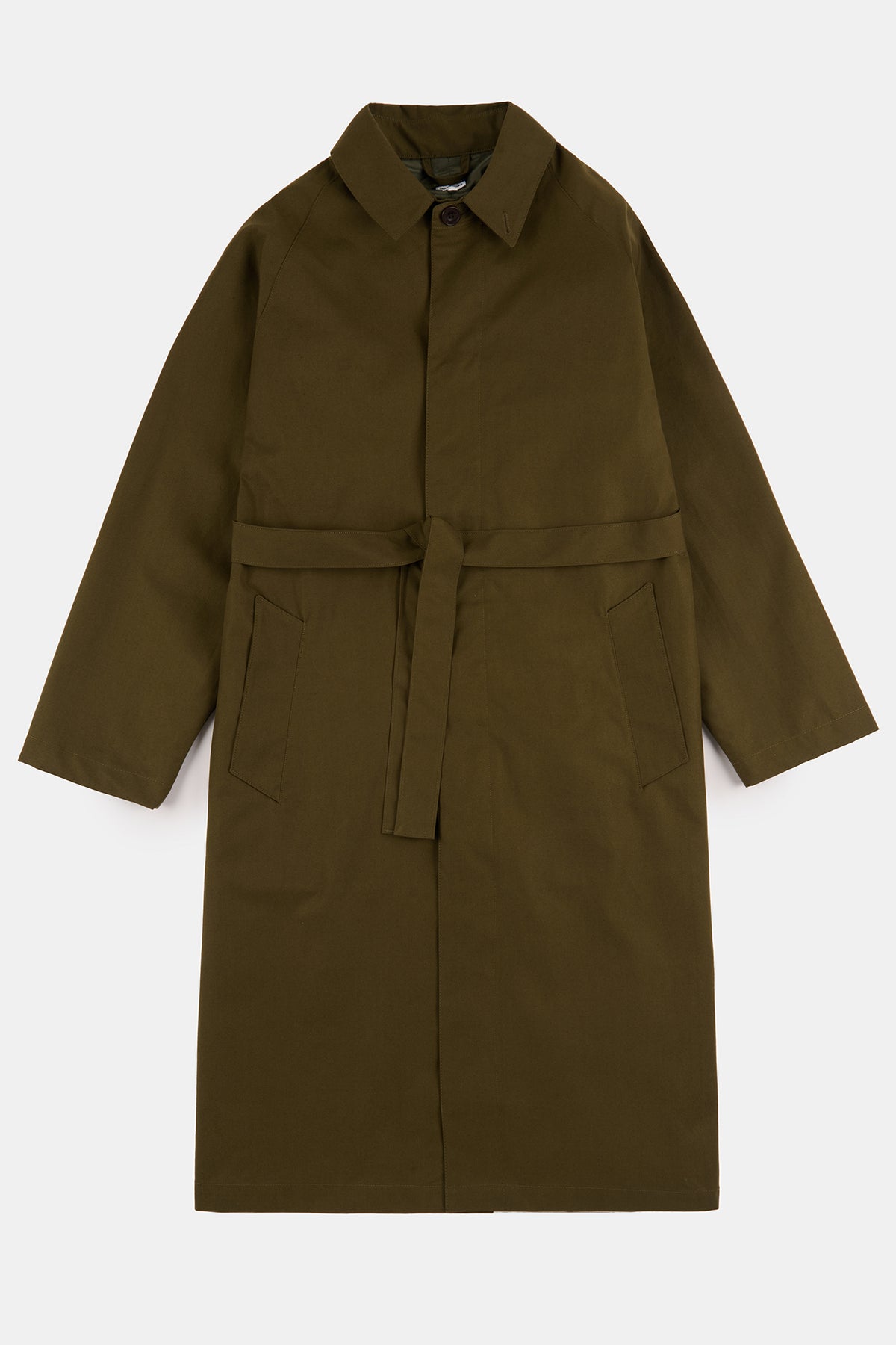 
            Flatlay product shot of men&#39;s Frank belted raglan raincoat in olive