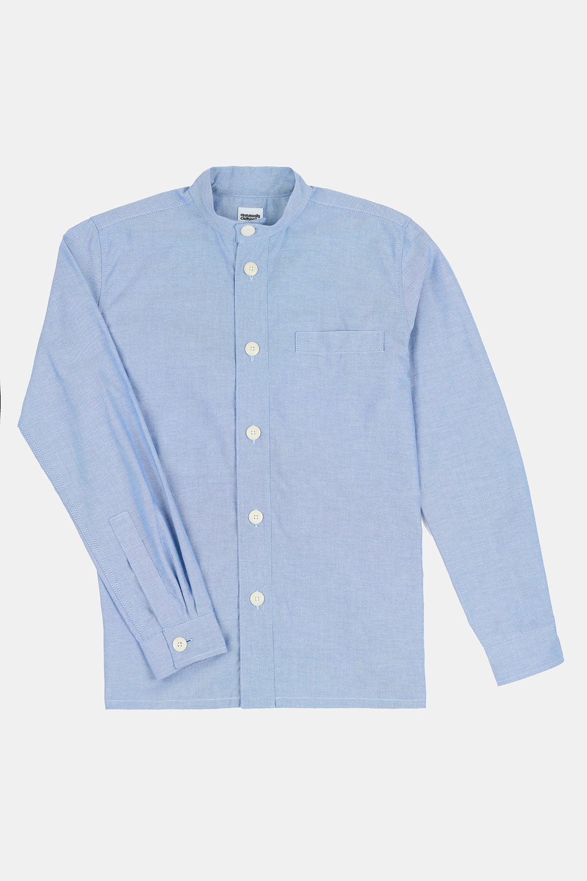 
            Flatlay product image of men&#39;s George lightweight collarless overshirt in light blue with contrast ecru buttons