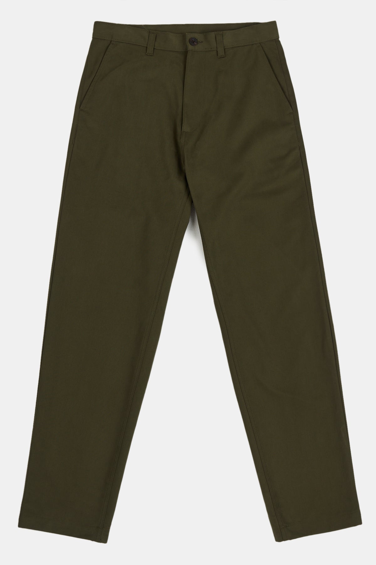 White, brunette male in olive heavyweight relaxed chino flat lay