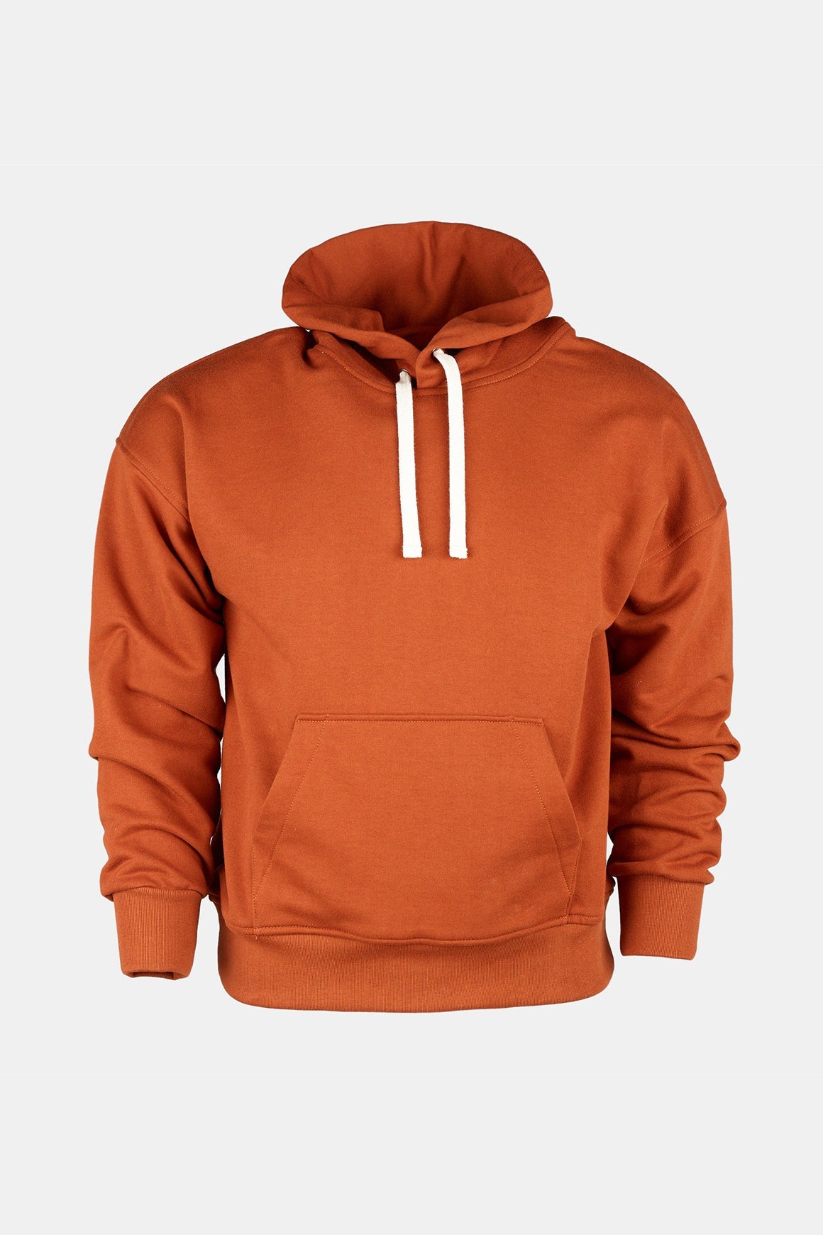 Ghost mannequin shot of hooded sweatshirt in cinnamon
