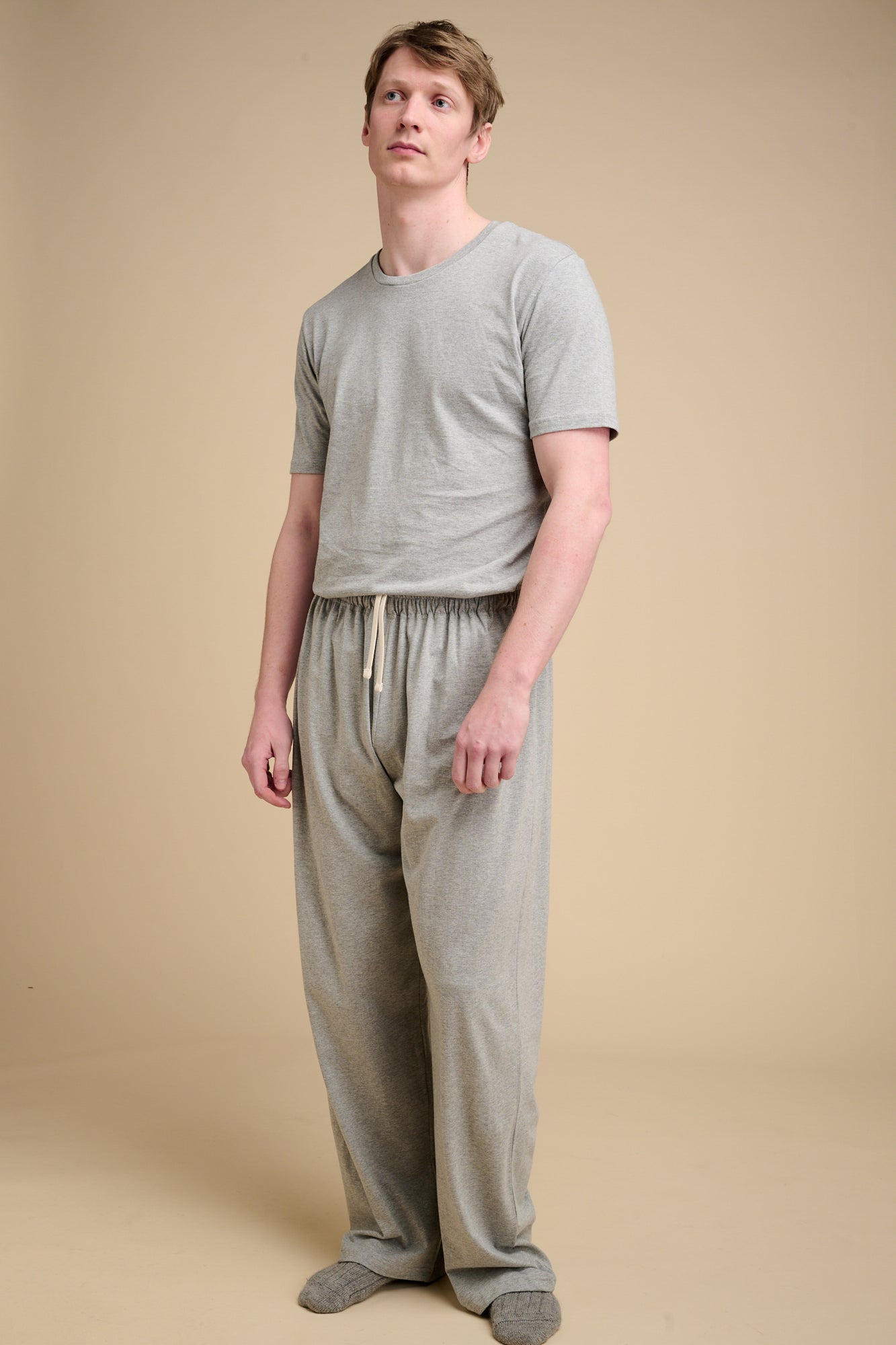 Male wearing grey marl pyjamas