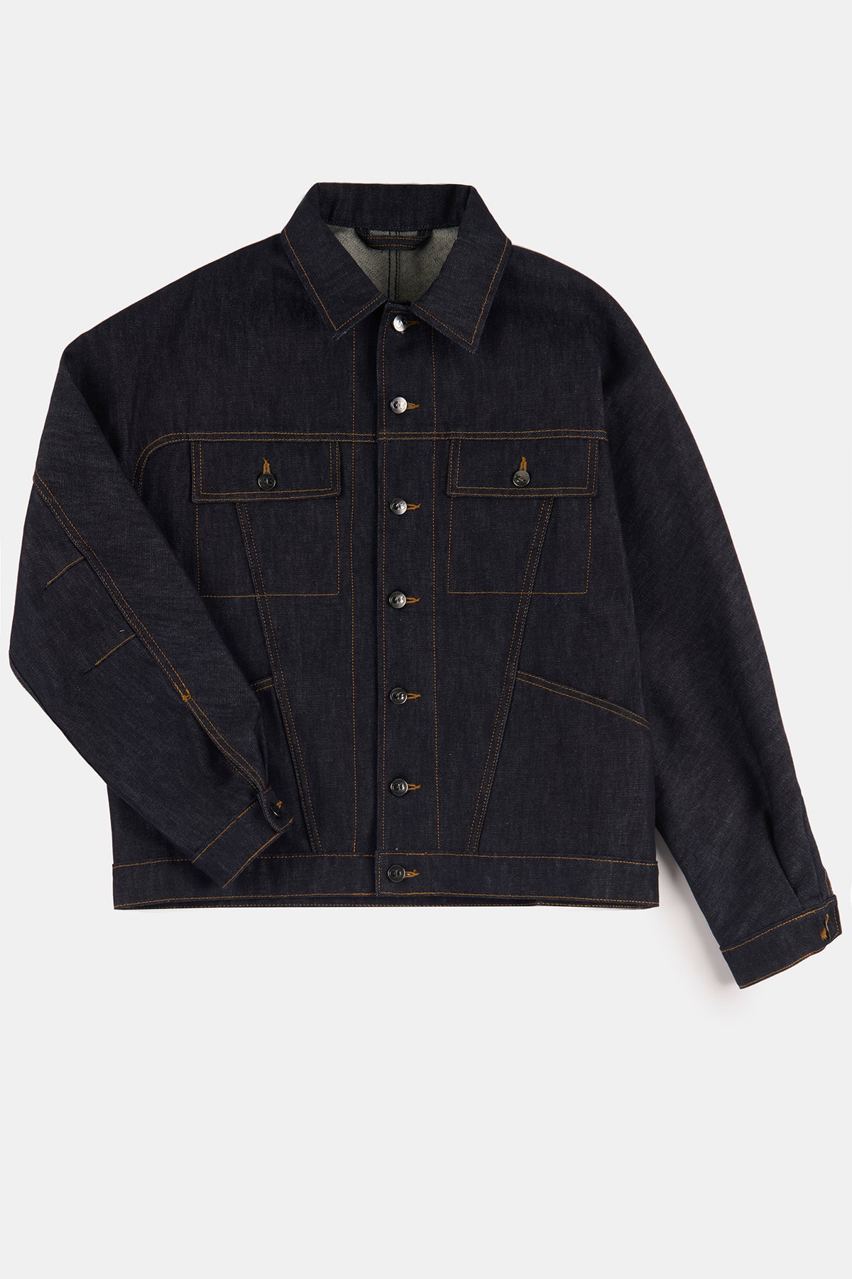 Flatlay product shot of men's Joe denim jacket in indigo denim