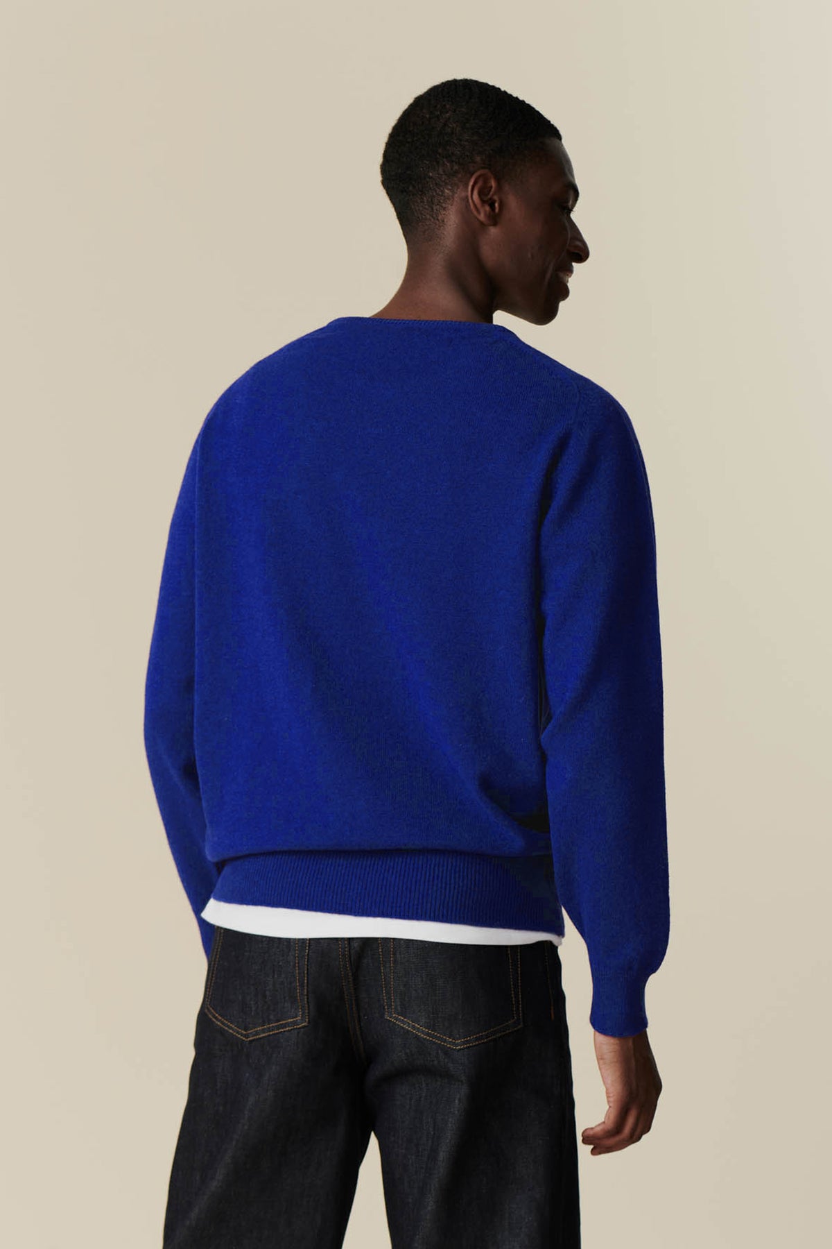 Men's Lambswool Saddle Shoulder Crew Neck - Dark Cobalt