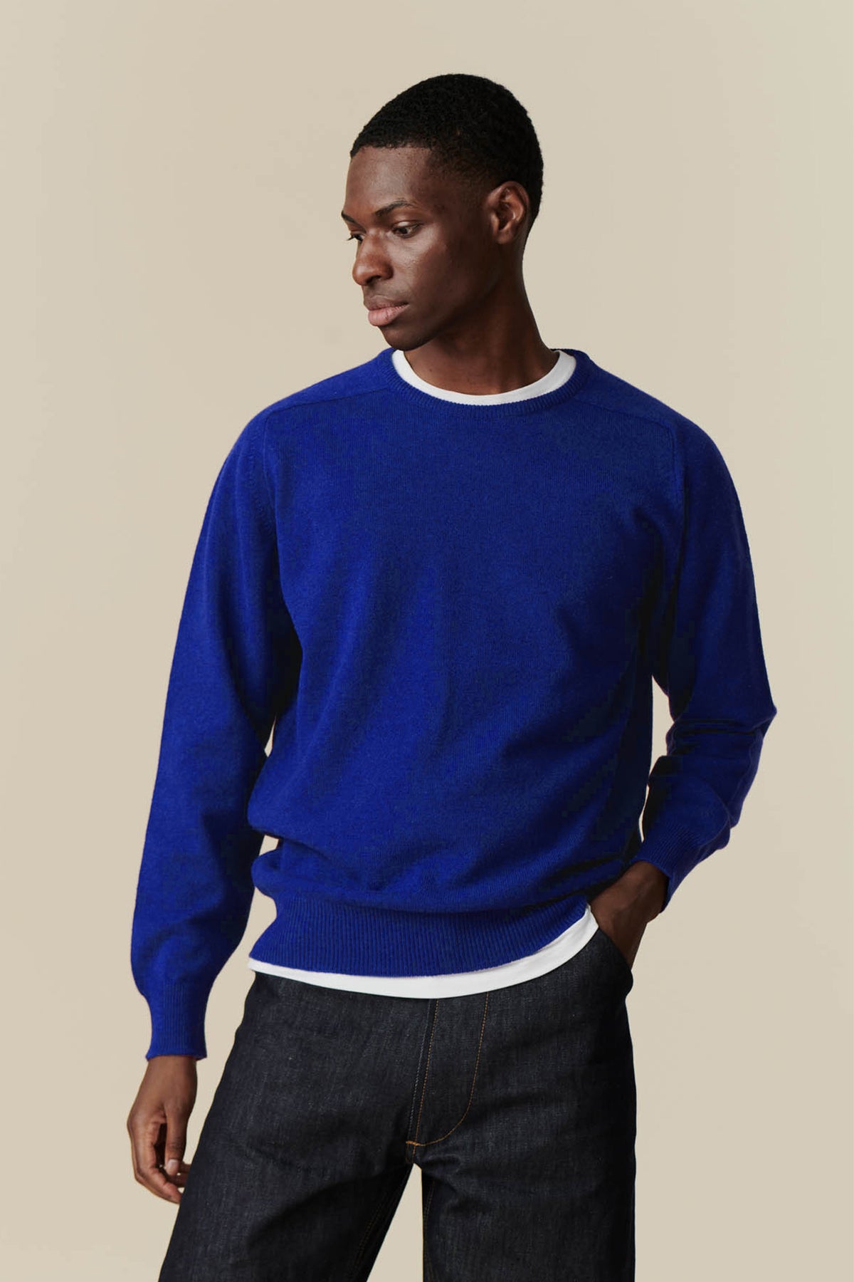 Men's Lambswool Saddle Shoulder Crew Neck - Dark Cobalt