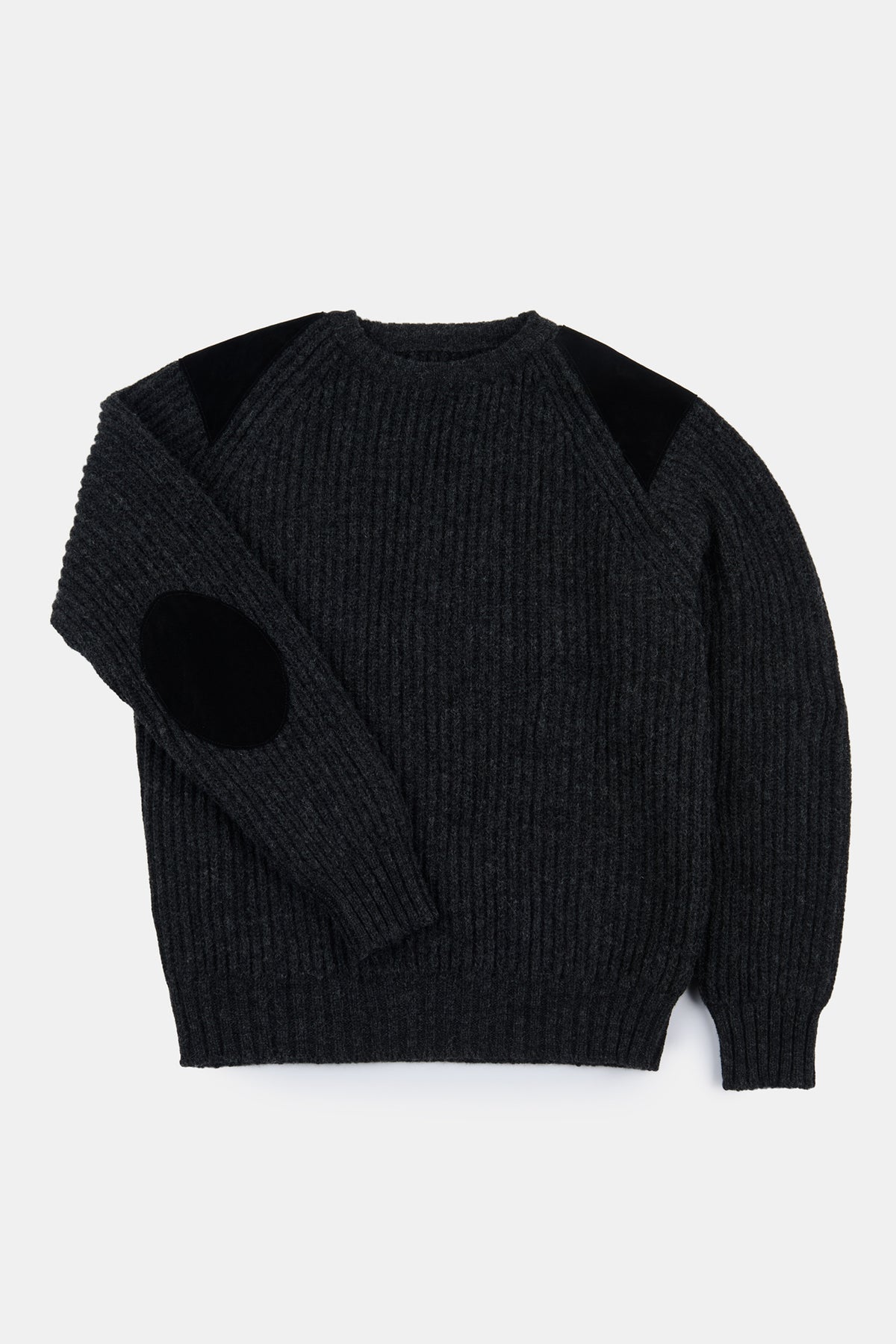 Flatlay of lambswool fisherman ribbed jumper in charcoal with suede shoulder and elbow patches