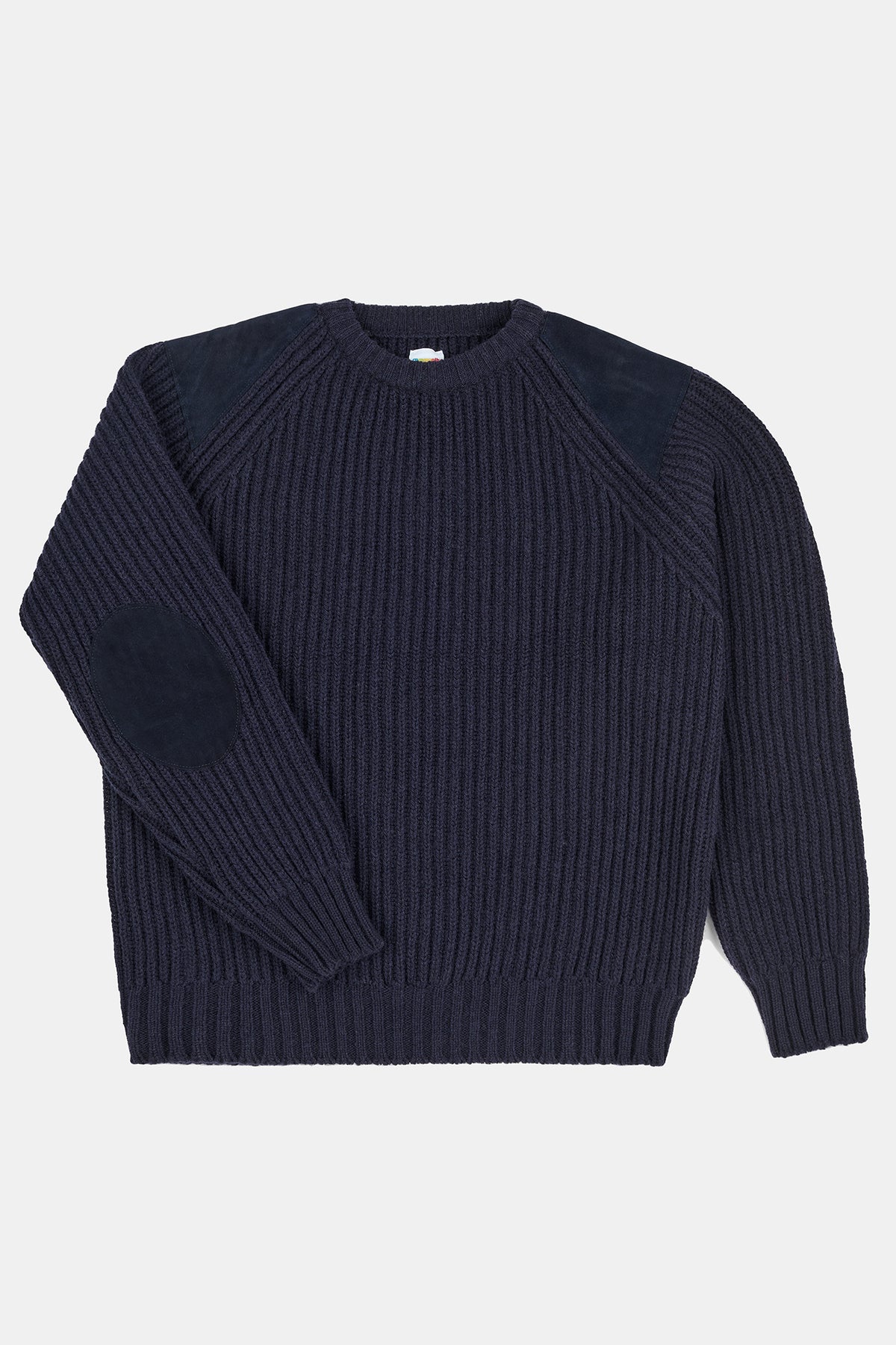 Flatlay product image of men's lambswool fisherman ribbed jumper in navy