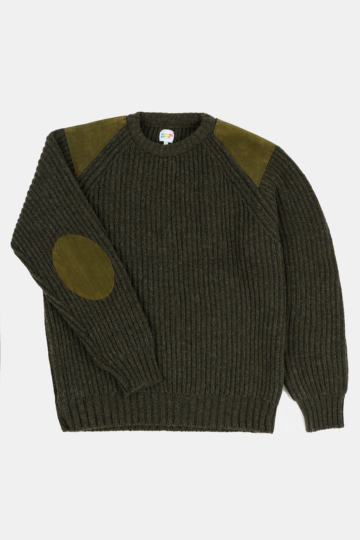 Flatlay product image of lambswool fisherman ribbed jumper in olive