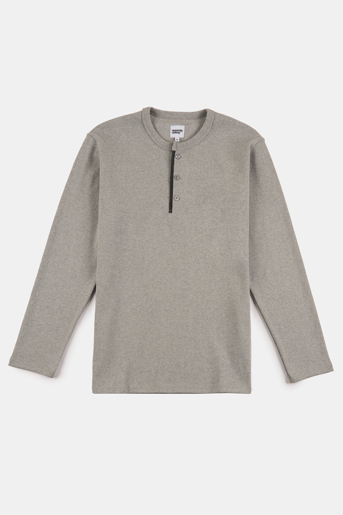 Flatlay image of men's long sleeve Henley top in grey marl