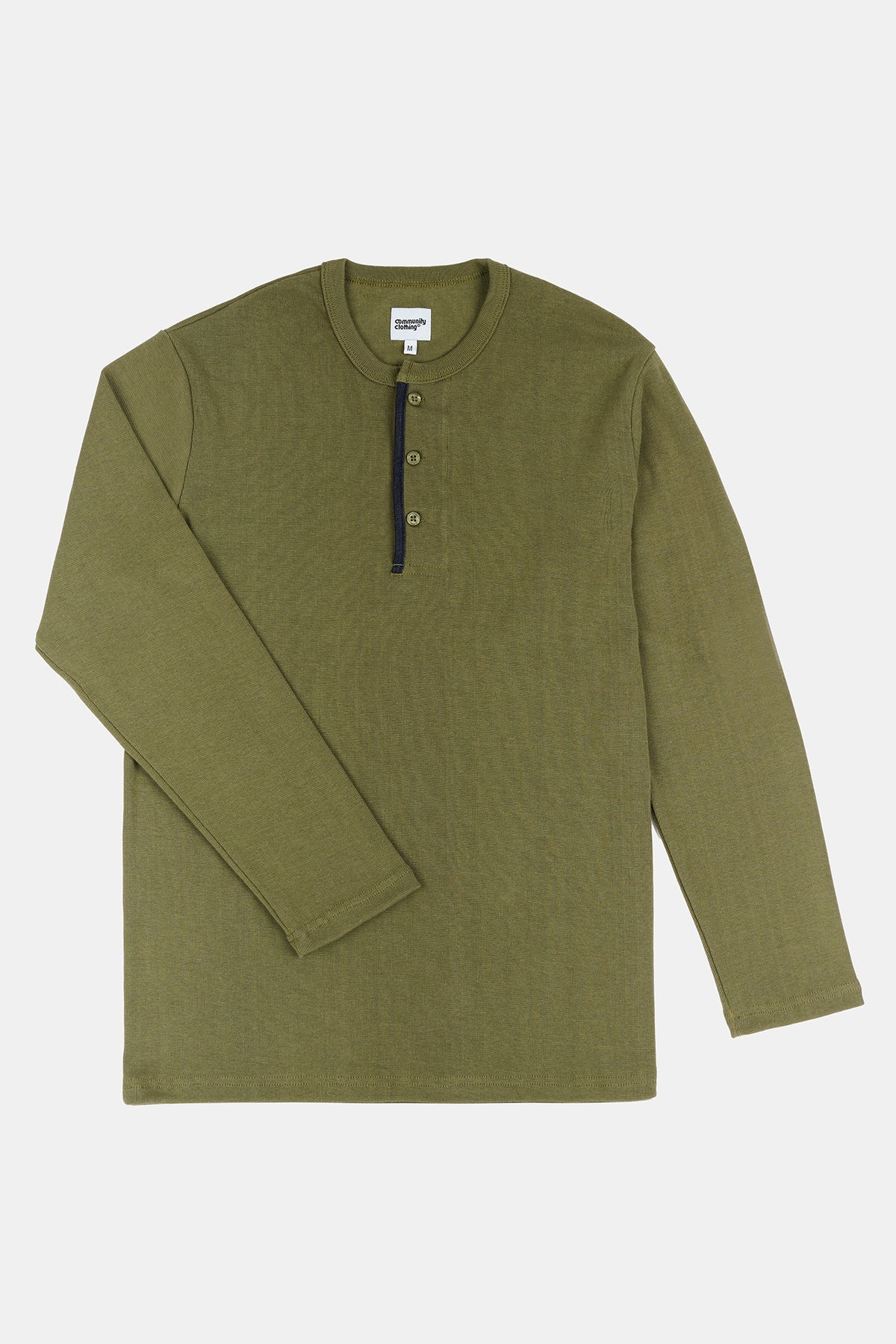 
            Flatlay product shot of men&#39;s long sleeve henley top in olive