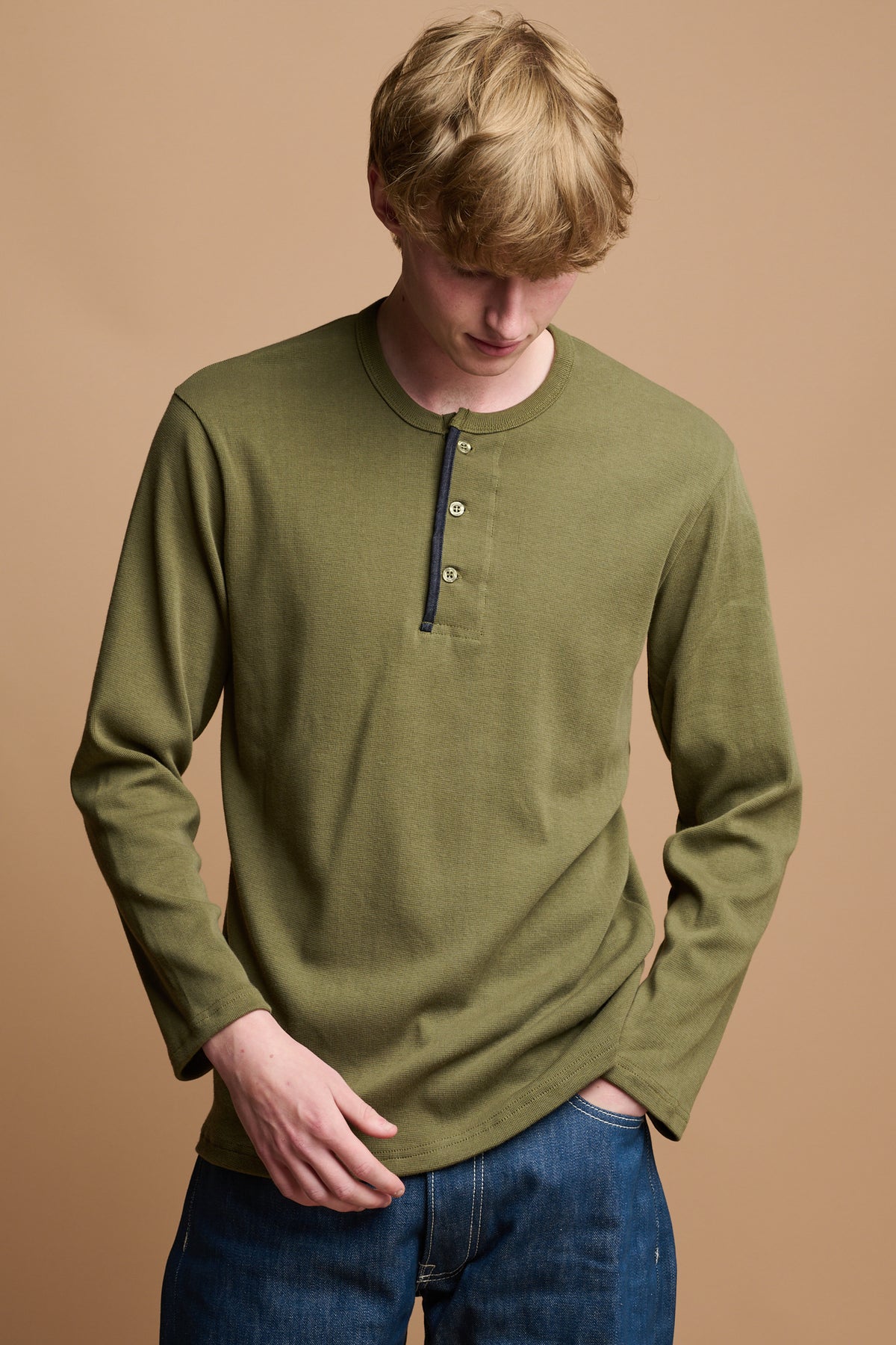 Men's Long Sleeve Henley Top - Olive