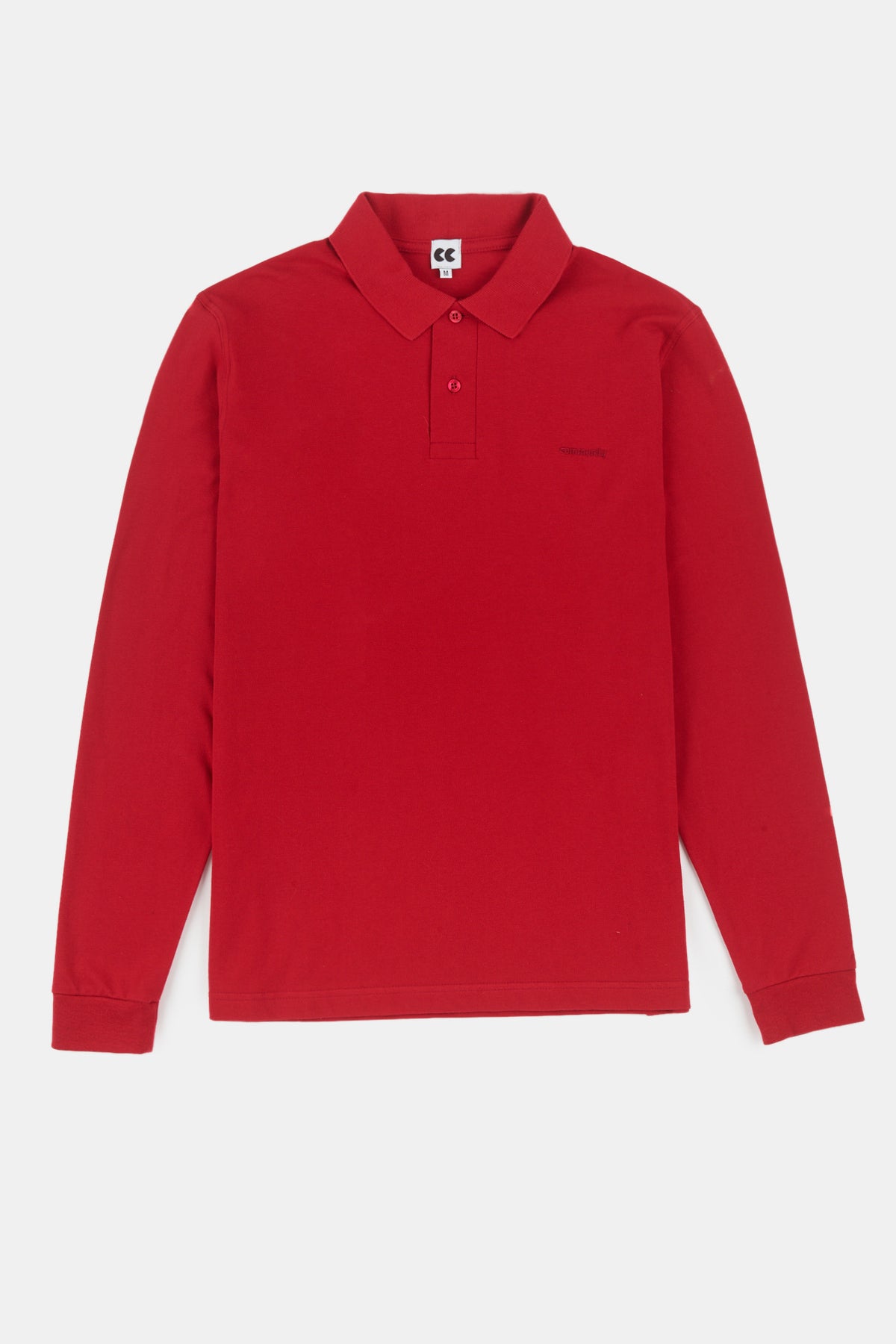 flatlay of men's long sleeve polo shirt in crimson