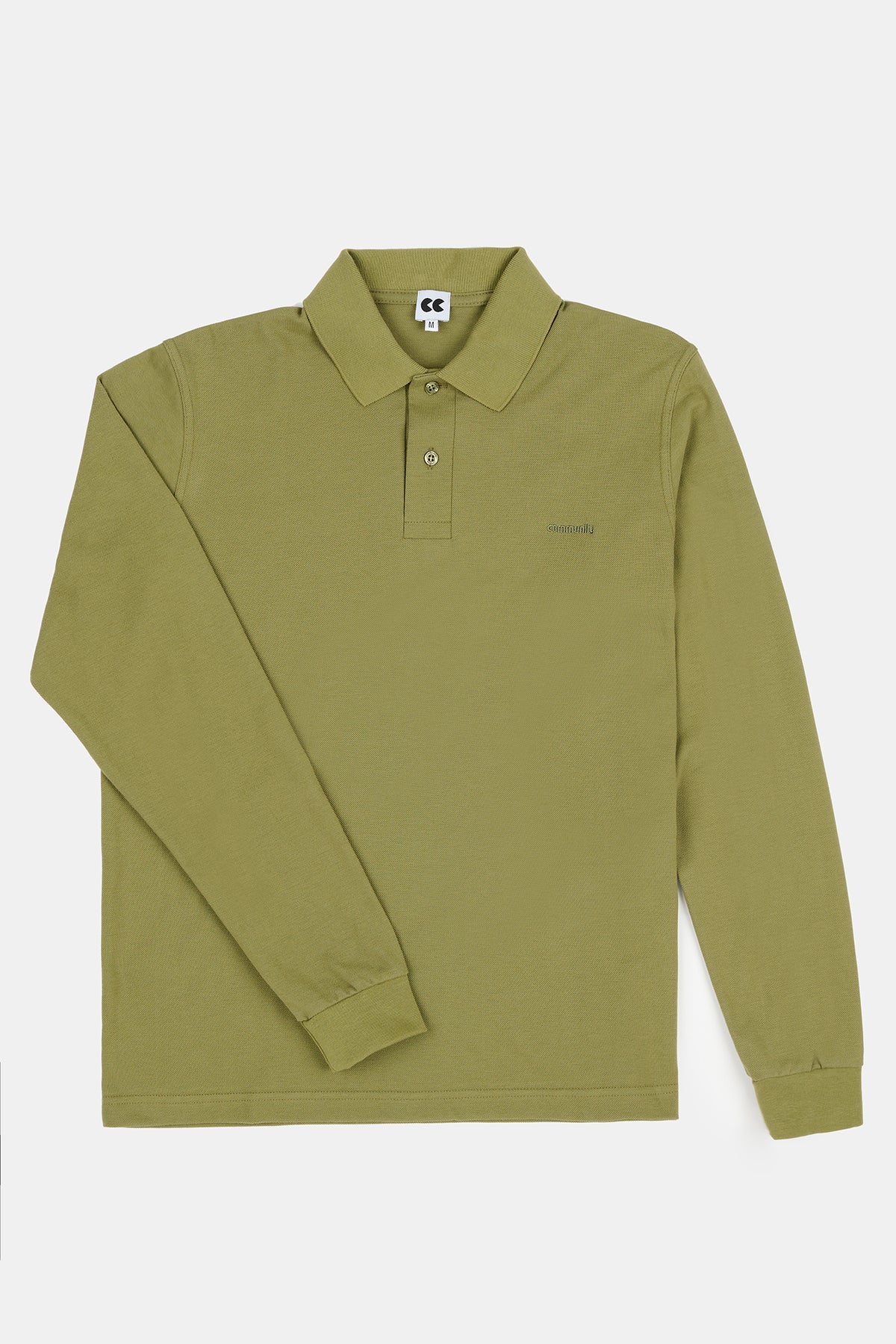 Flatlay product image of men's long sleeve polo shirt in olive