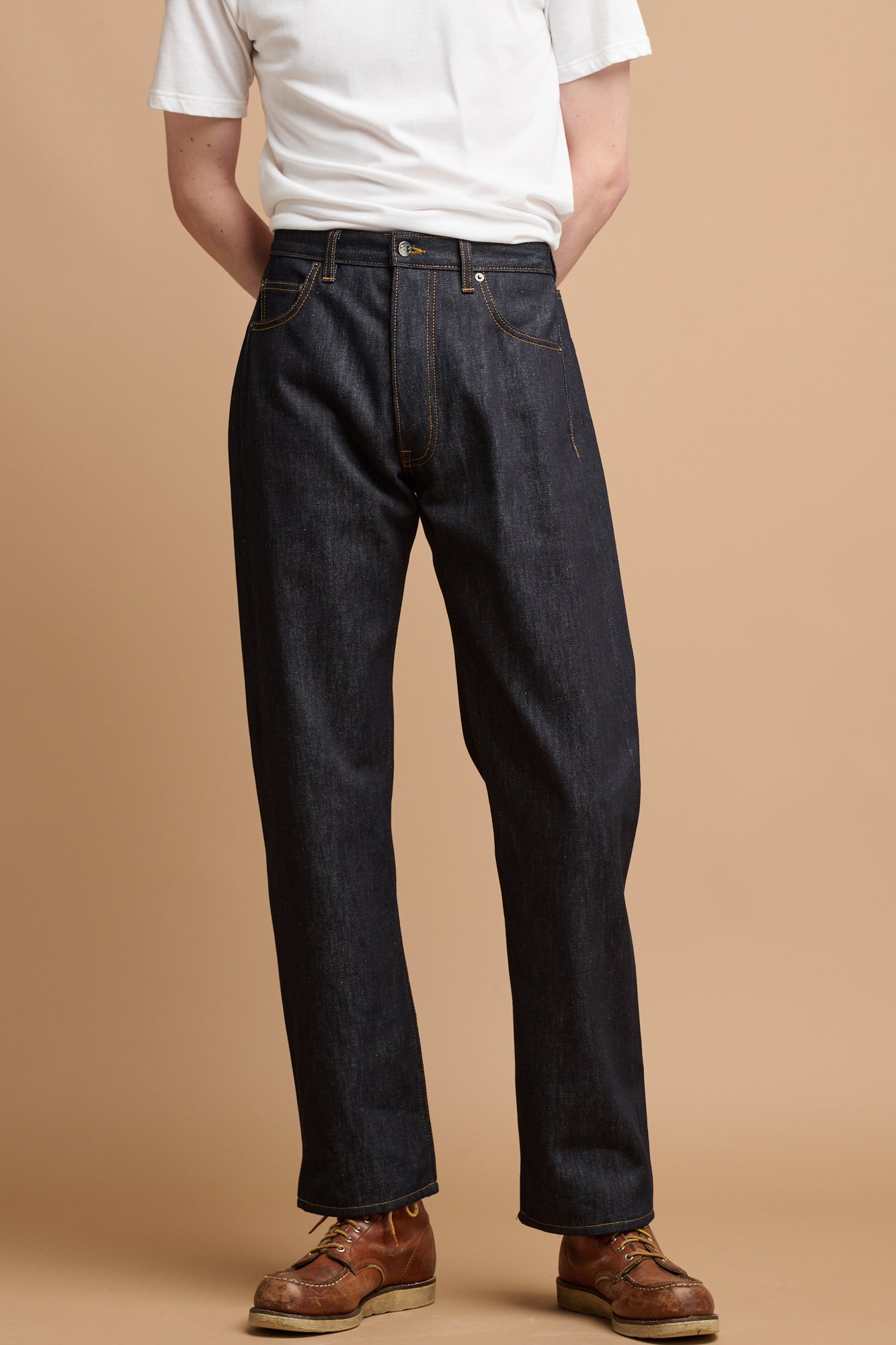 Male wearing selvedge denim jeans.