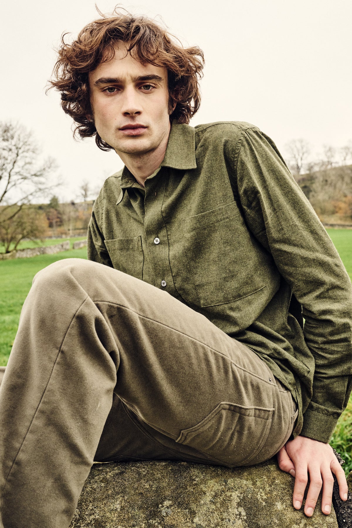 Mens Oli Half Placket Brushed Ctn Shirt - Olive