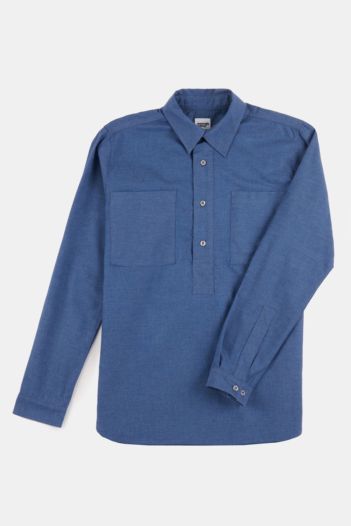 
            Flatlay product shot of men&#39;s Oli half placket lightweight brushed cotton shirt in RAF blue