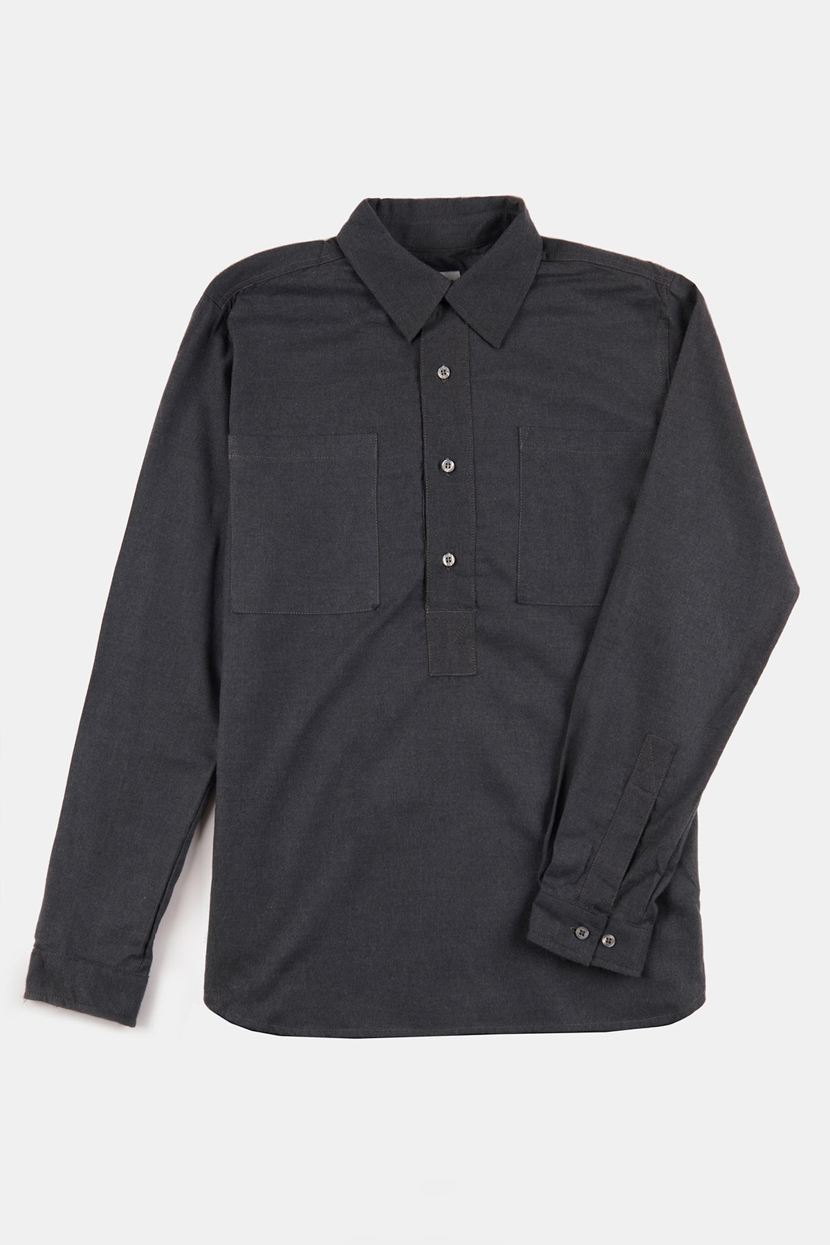 
            Flatlay product shot of men&#39;s half placket lightweight brushed cotton shirt in slate