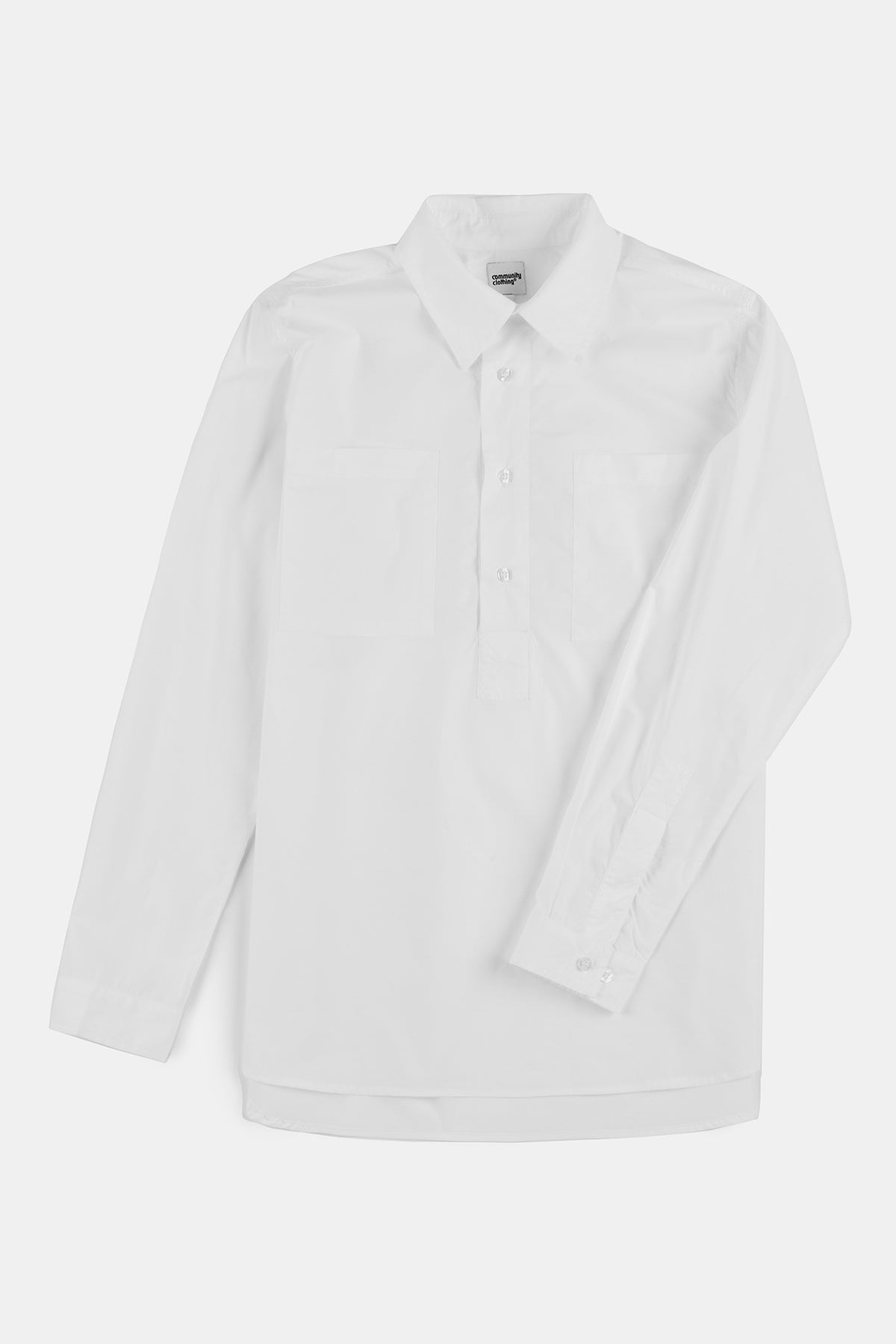 
            Flatlay product shot of men&#39;s half placket lightweight cotton shirt in white
