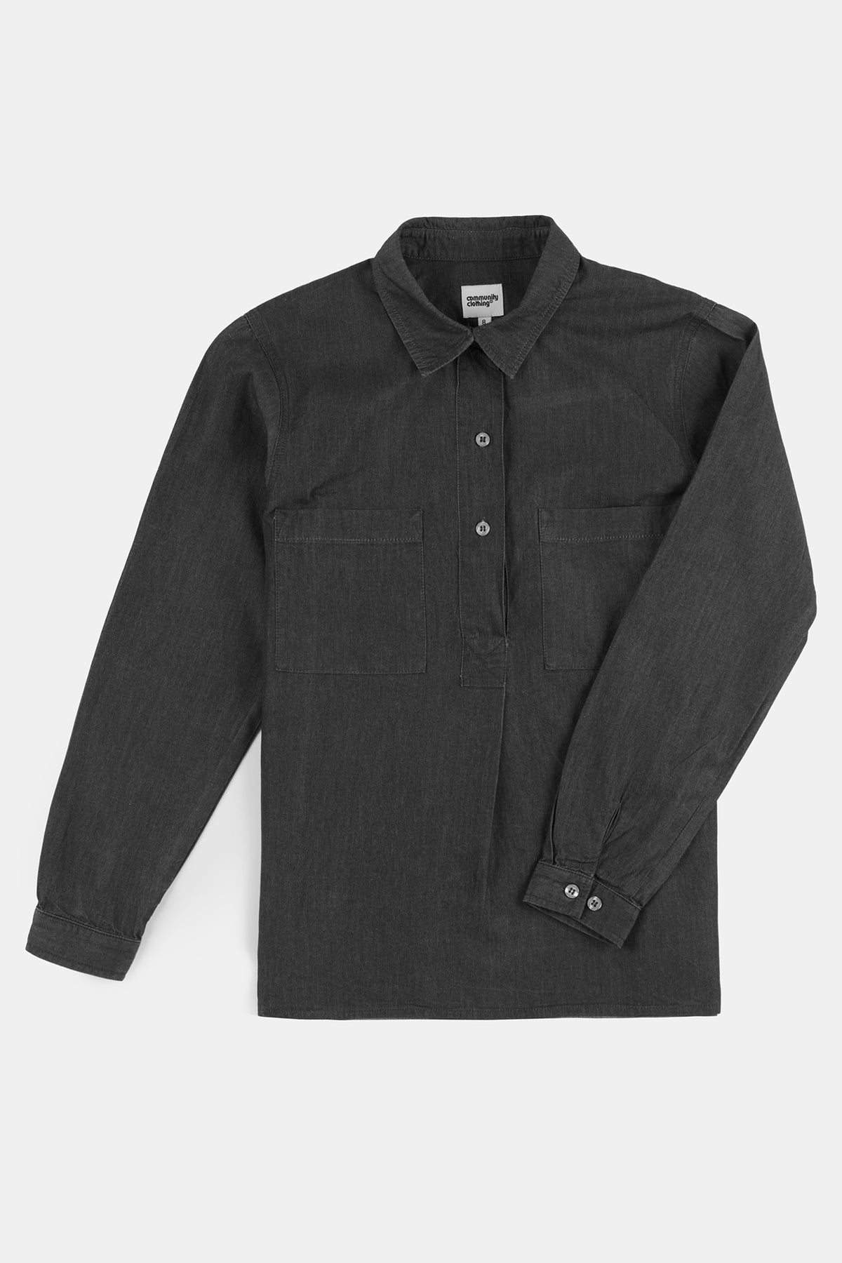 
            Flatlay product shot of men&#39;s Oli half placket lightweight denim shirt in black chambray