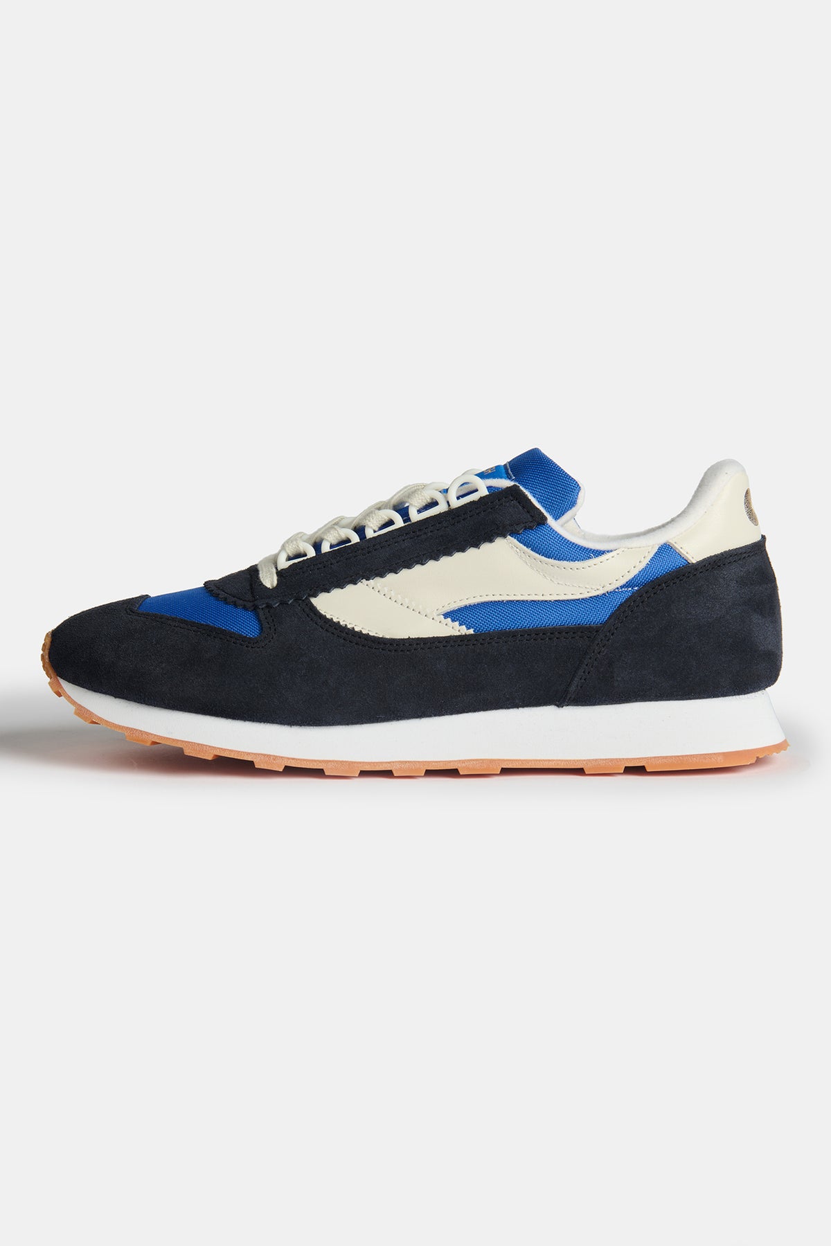 The side of men's Parlick trainer in blue, navy and off white