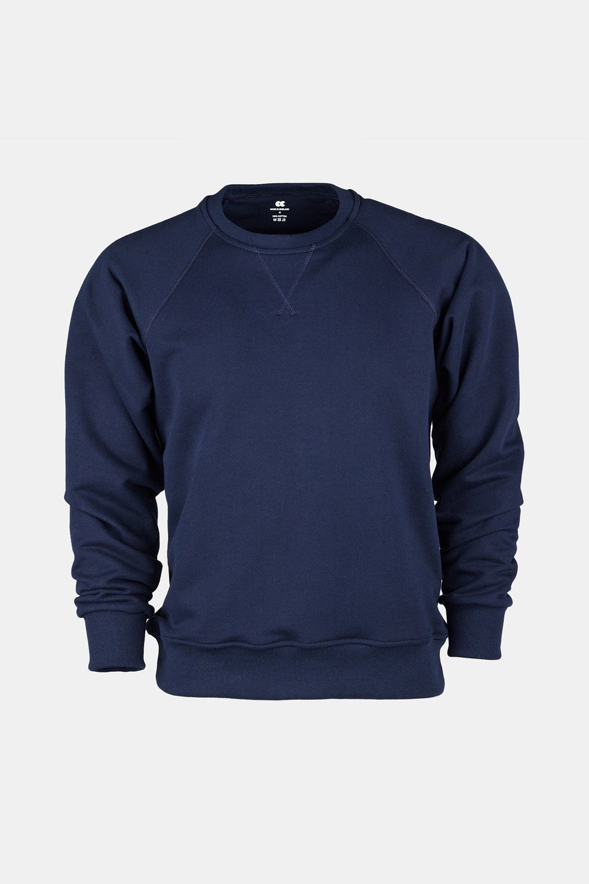 Product shot on ghost mannequin of raglan sweatshirt in navy