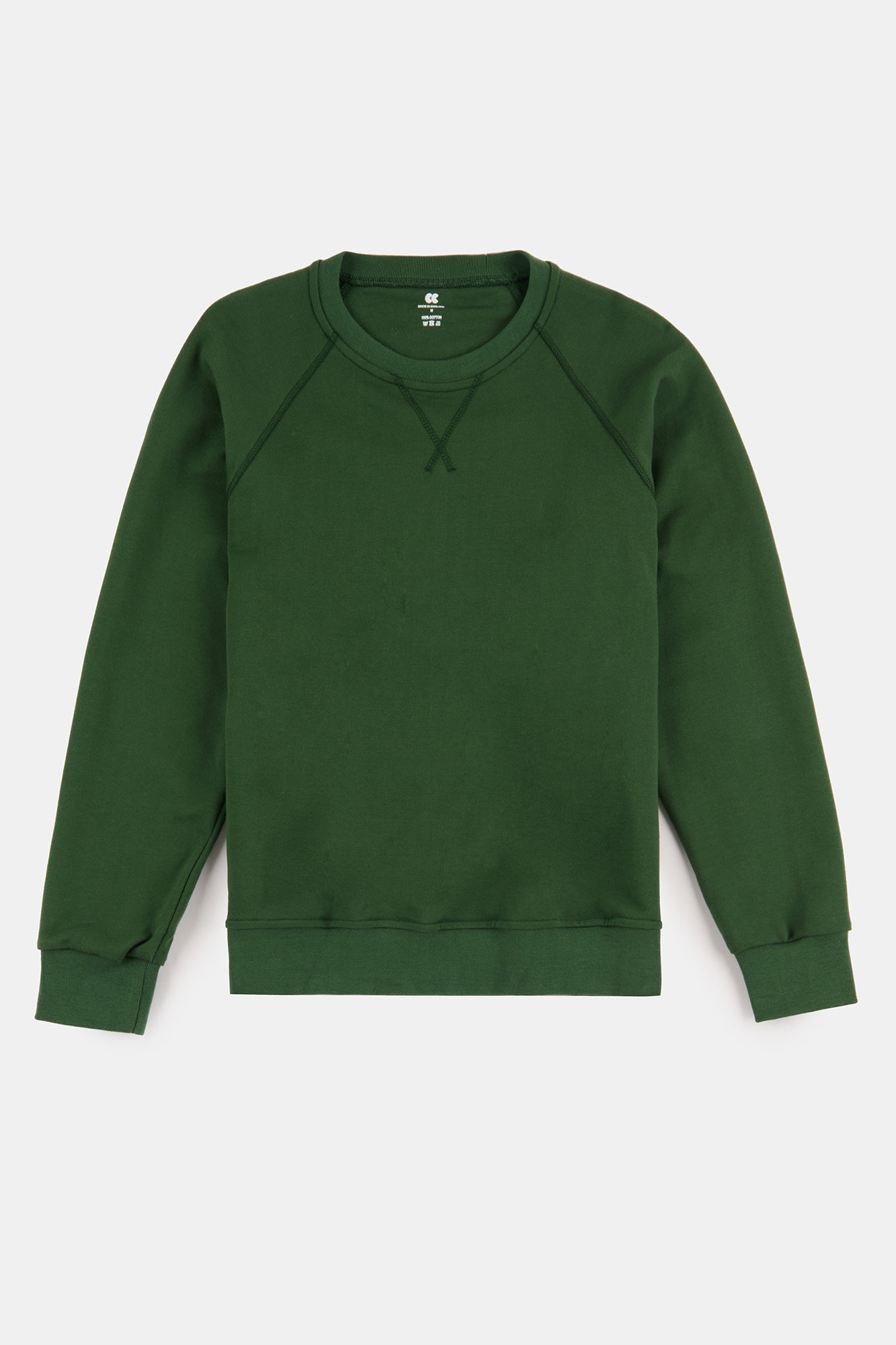 Flatlay product shot of men's raglan sweatshirt in bottle green