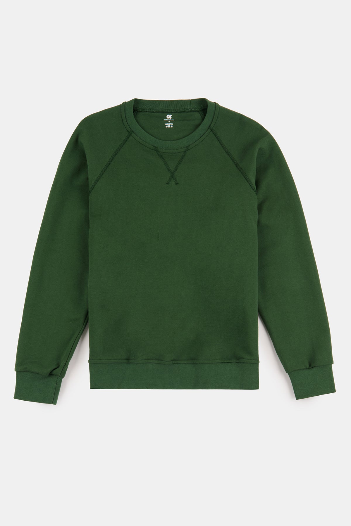 Flatlay product shot of men's raglan sweatshirt in bottle green