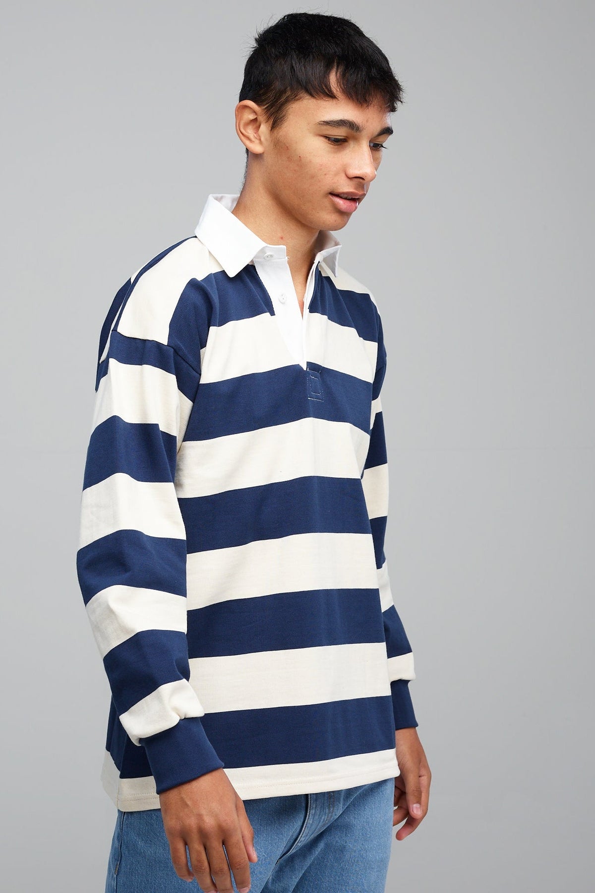 
            Narrow Stripe Rugby Shirt - Ecru/Navy