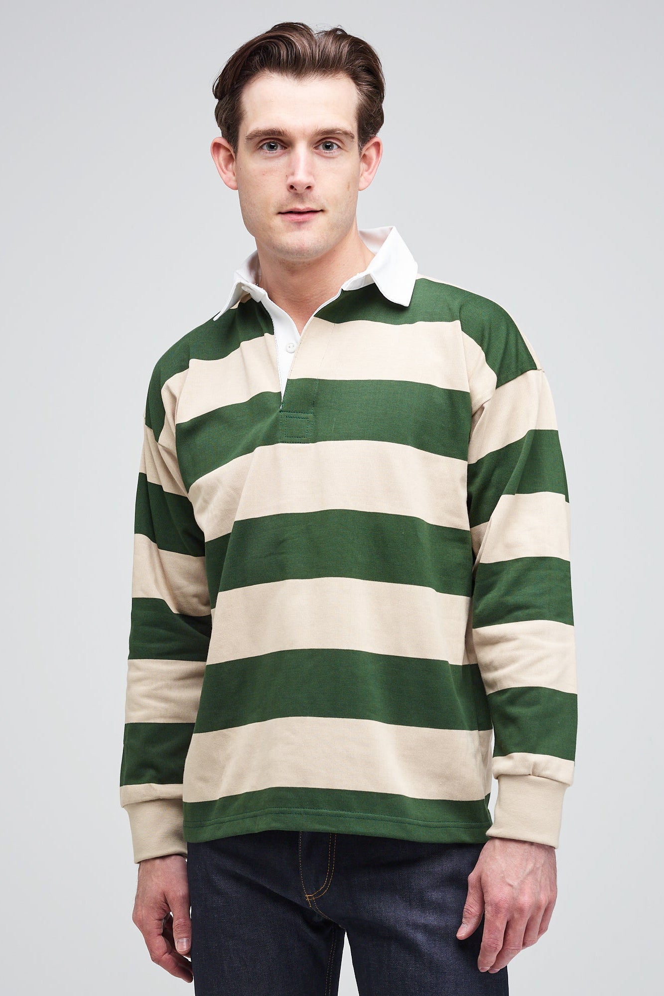 front of brunette white male in rugby shirt forest linen