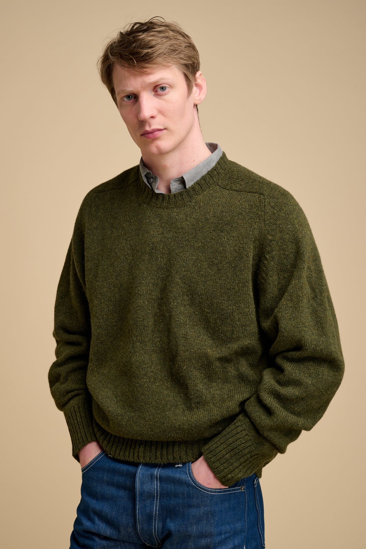 Men's Shetland Jumper - Olive