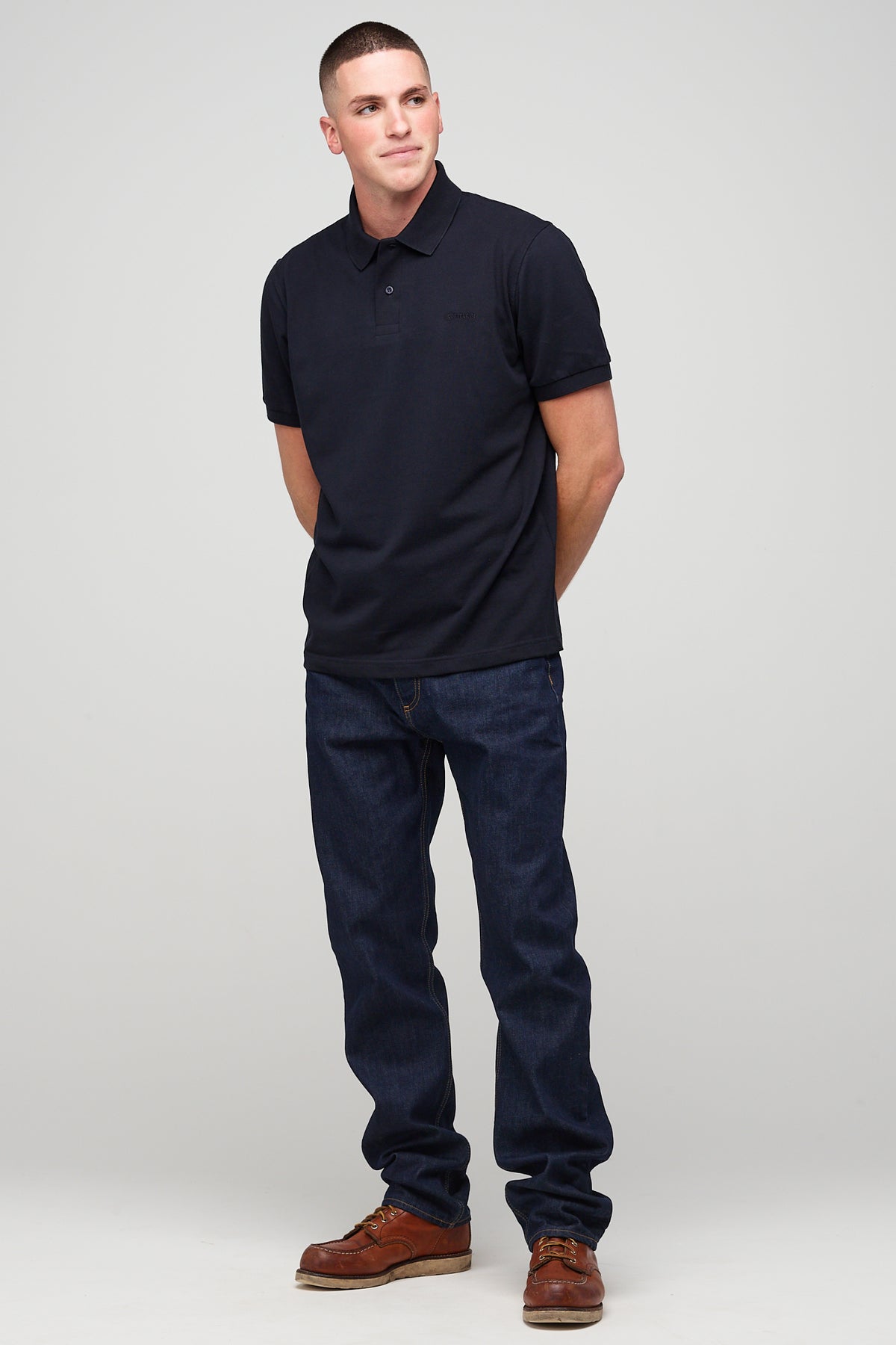 Brunet, white male in Short Sleeve Polo Shirt - navy