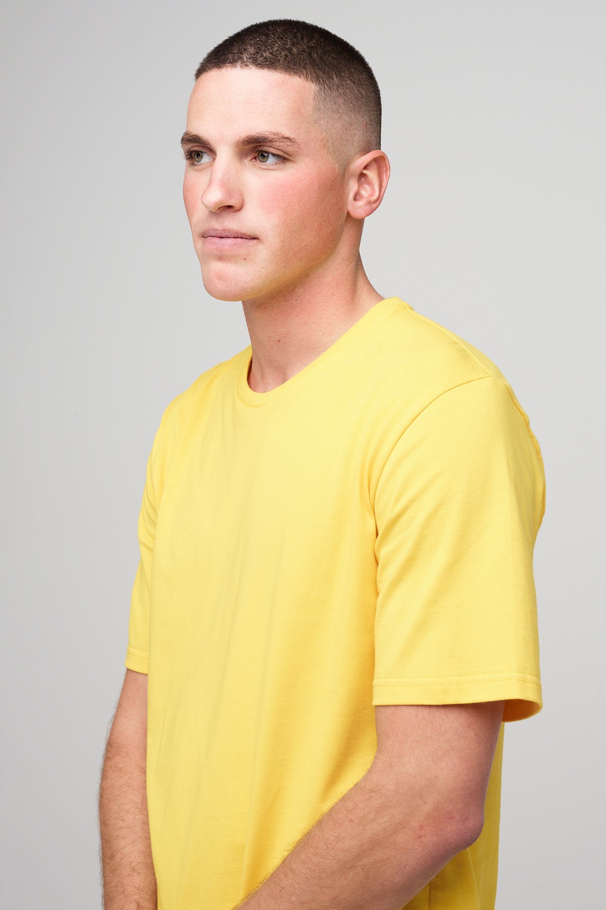 
            Brunet, white male in sunshine yellow short sleeve t-shirt 