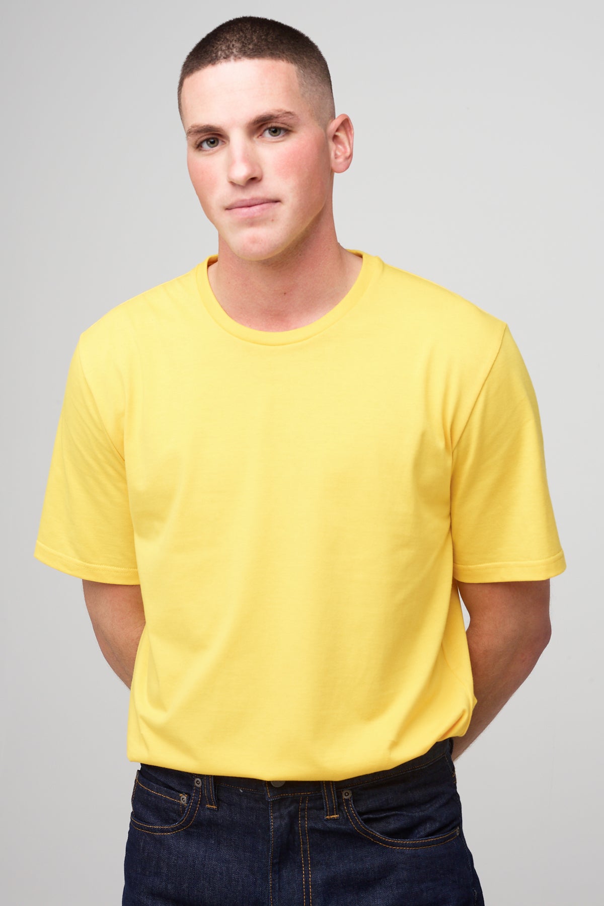 
            Brunet, white male in sunshine yellow short sleeve t-shirt 
