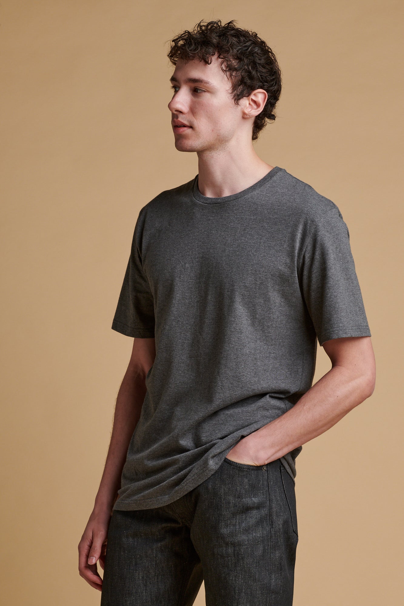 Thigh up of male wearing short sleeve t shirt in charcoal.
