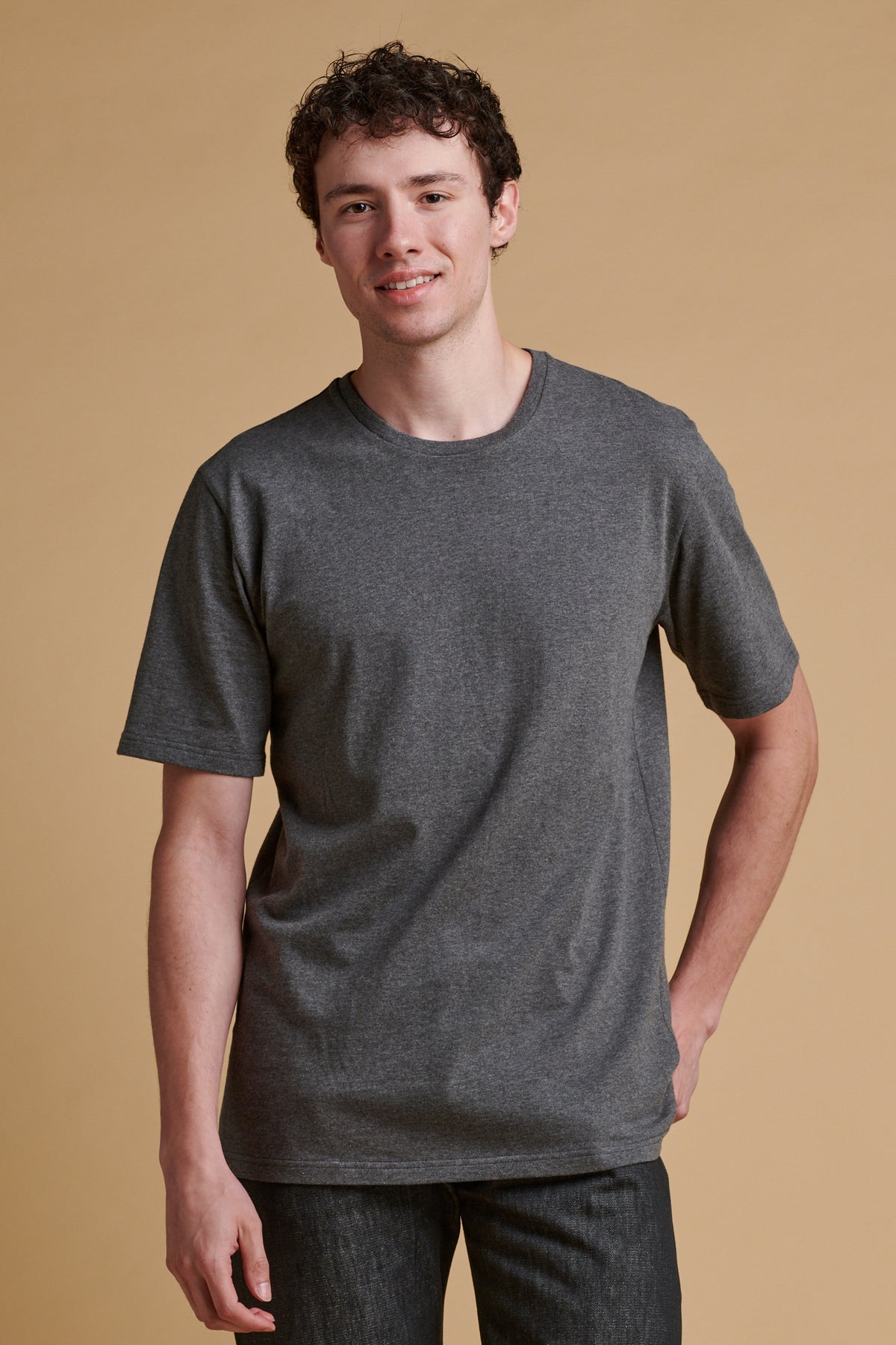 Thigh up of male wearing short sleeve t-shirt in charcoal.