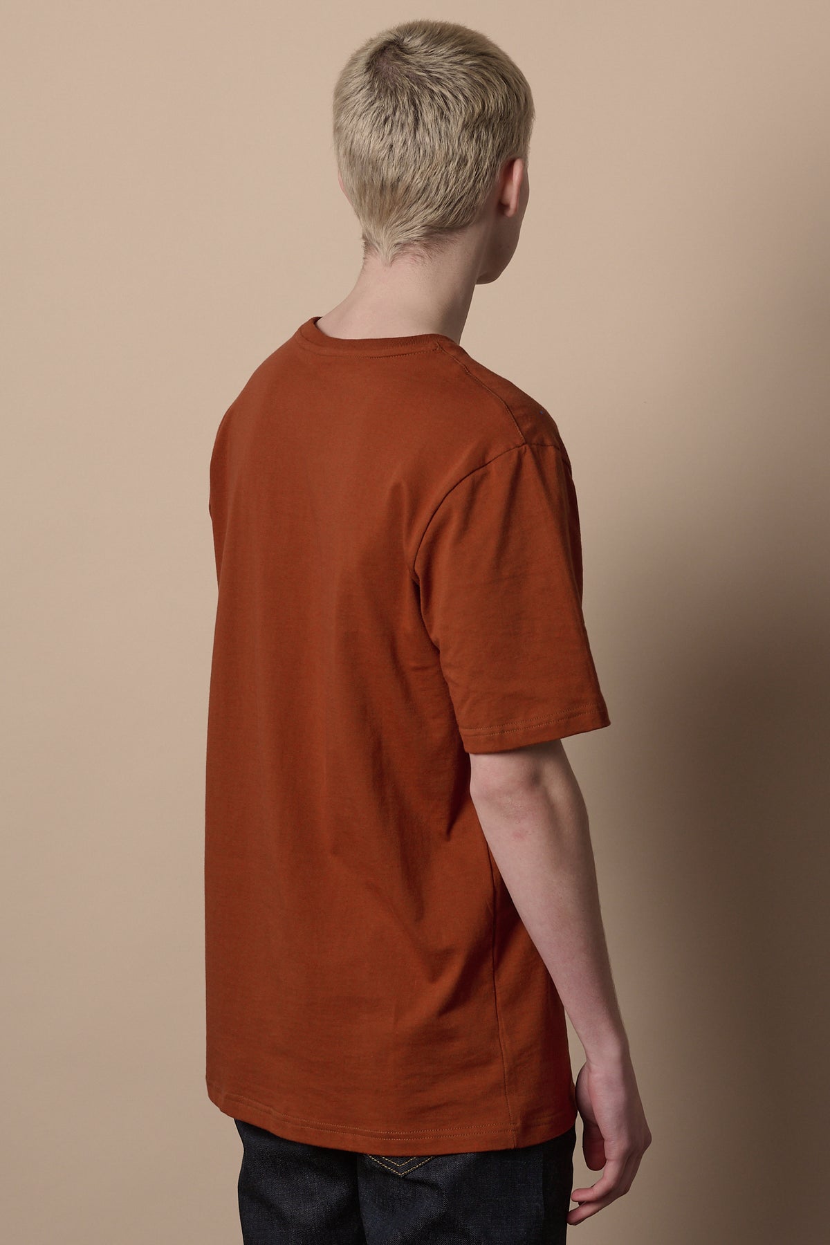 Back of male wearing short sleeve t shirt in cinnamon worn with jeans in indigo