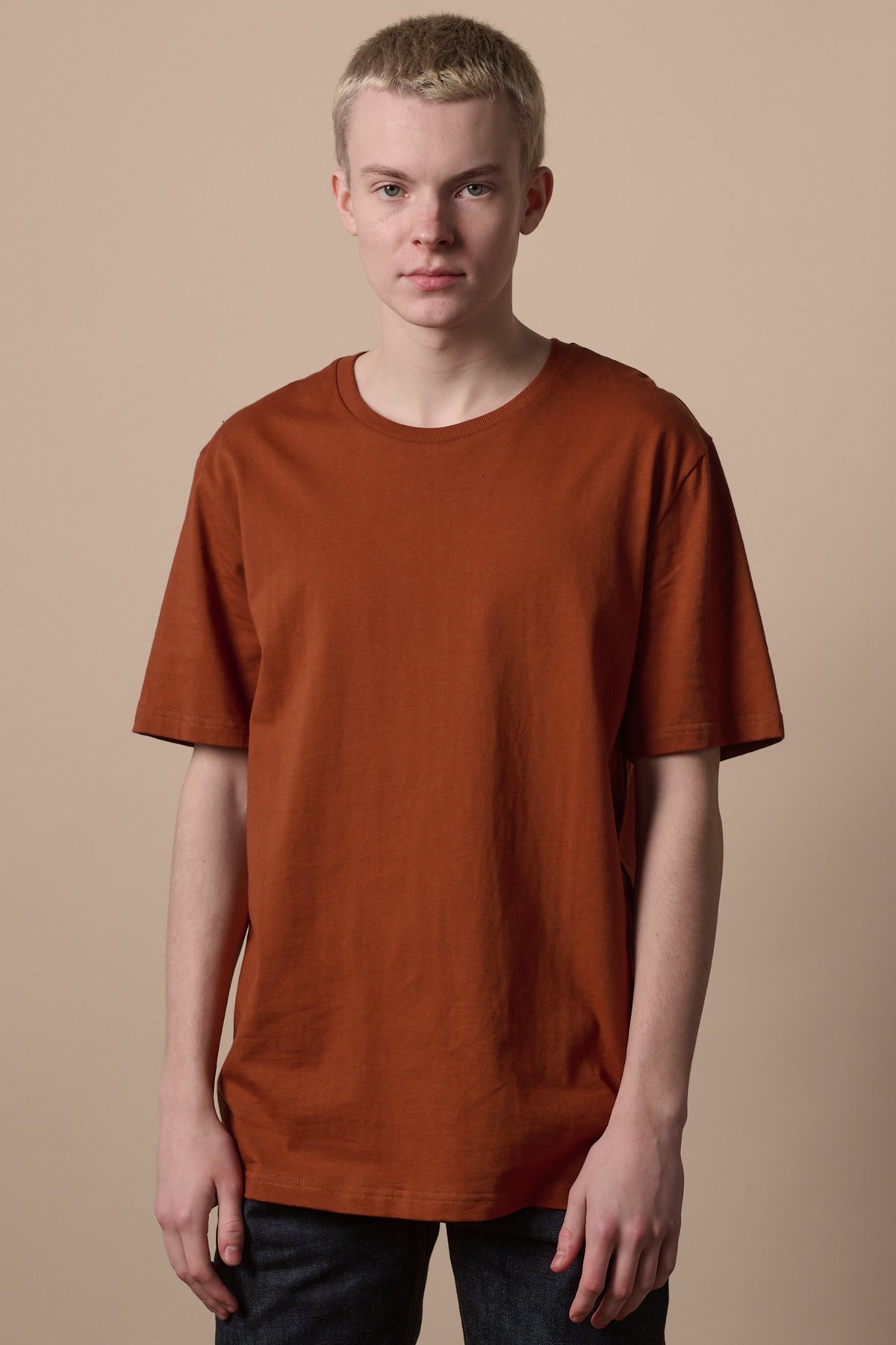 Thigh up image of white male wearing short sleeve t shirt in cinnamon