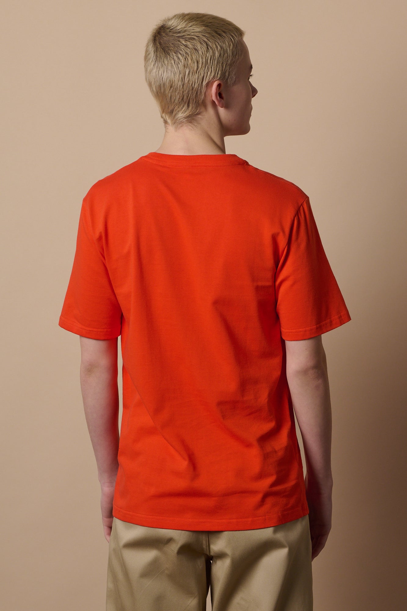 Back of short sleeve crew neck t shirt in flame red