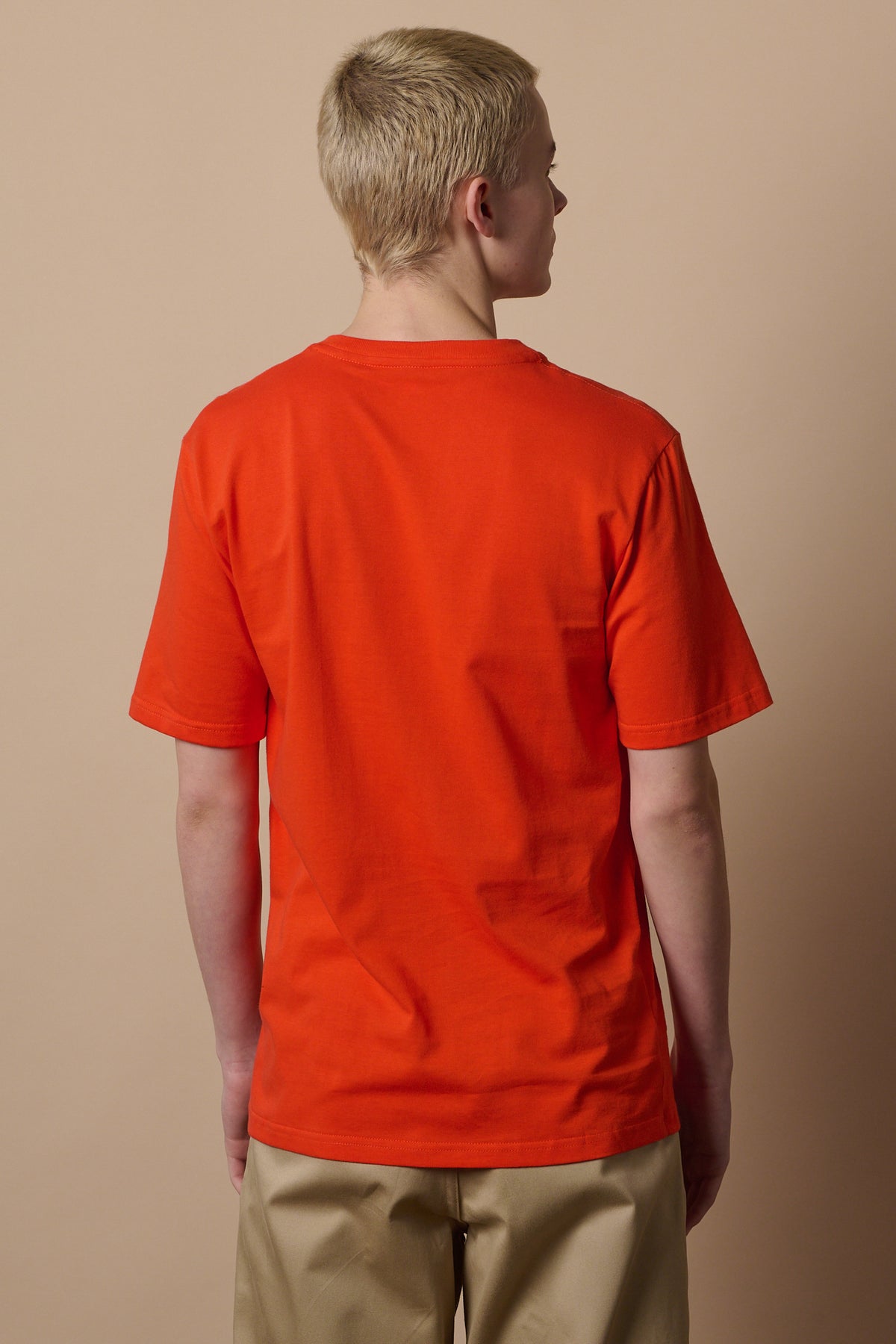 Back of short sleeve crew neck t shirt in flame red