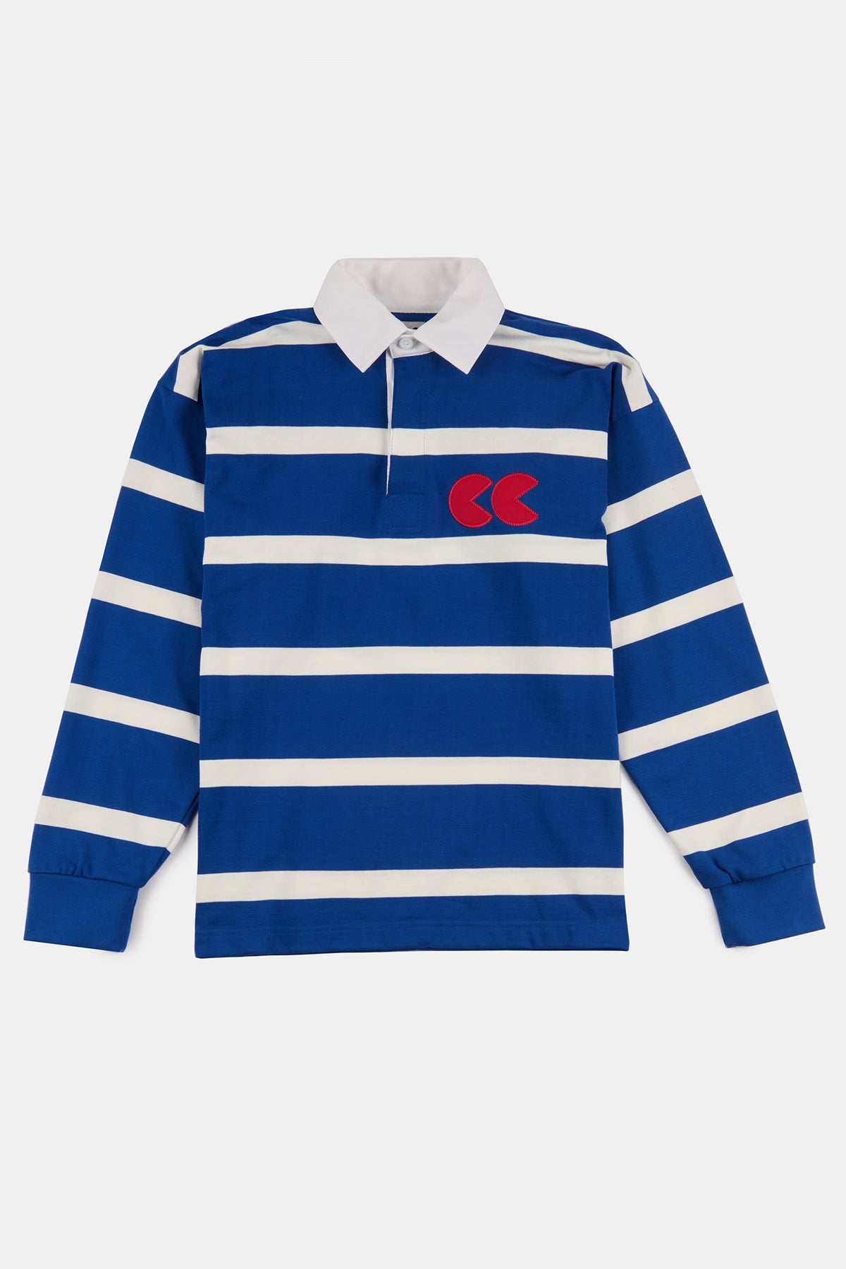 
            Flatlay product shot of men&#39;s stripe rugby shirt in blue and white with red CC logo