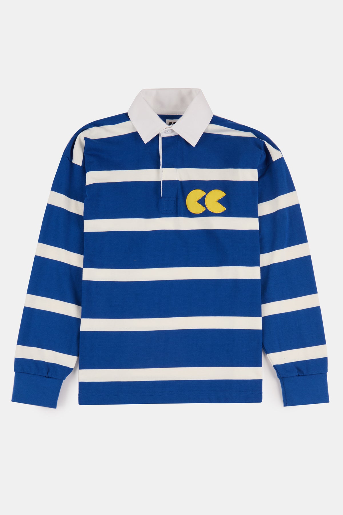 
            Flatlay product shot of men&#39;s stripe logo rugby shirt in blue and white with yellow CC logo