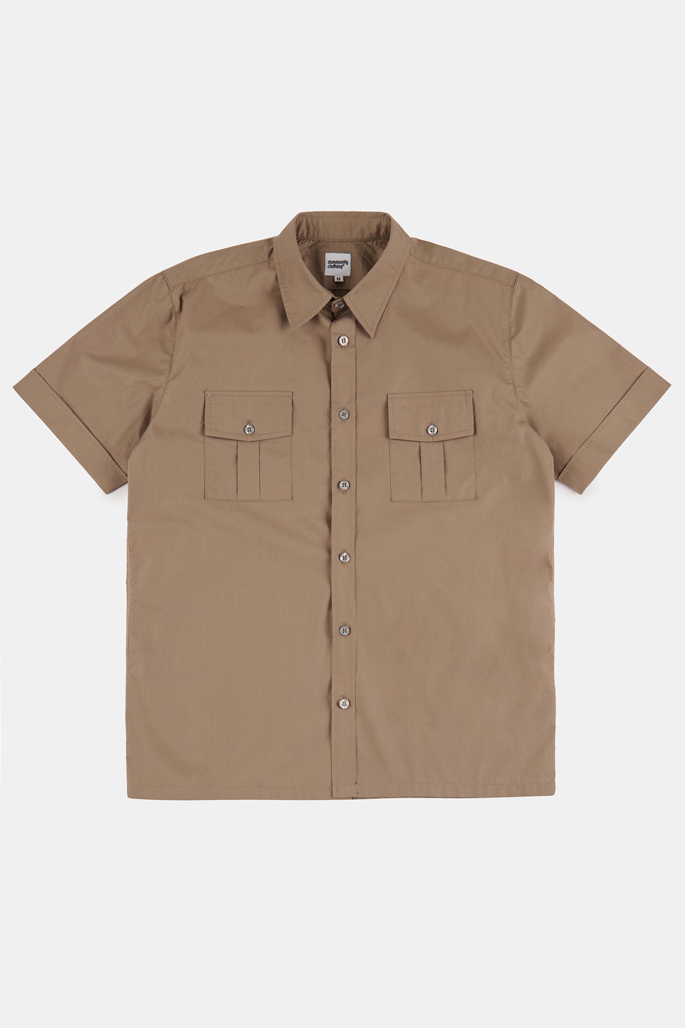 Flatlay product shot of men's short sleeve Tom Military two pocket shirt in khaki
