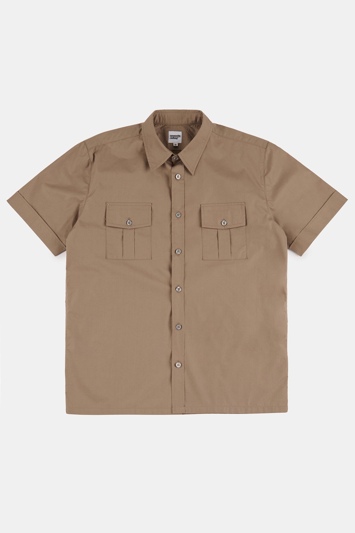 
            Flatlay product shot of men&#39;s short sleeve Tom Military two pocket shirt in khaki