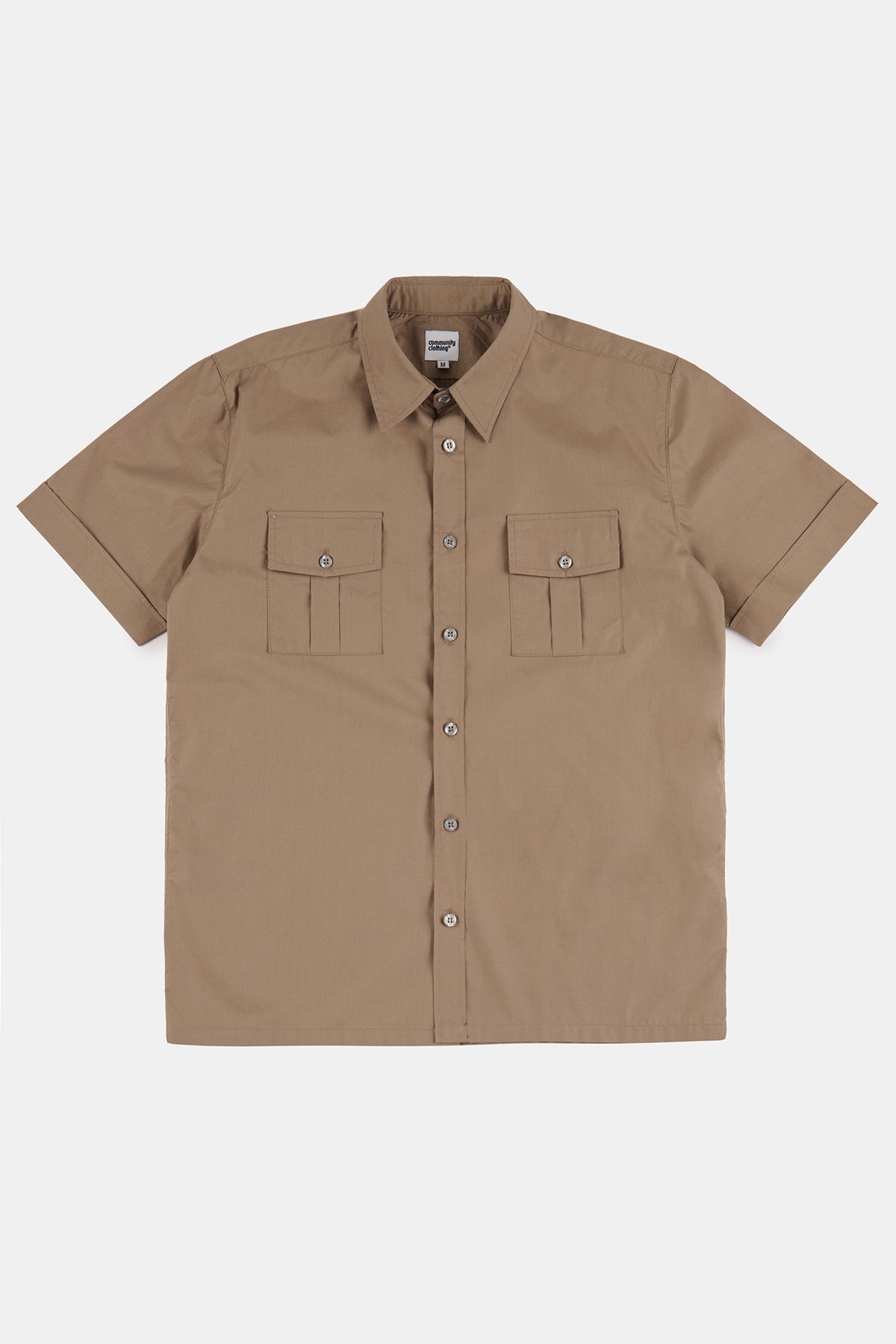 Flatlay product shot of men's short sleeve Tom Military two pocket shirt in khaki