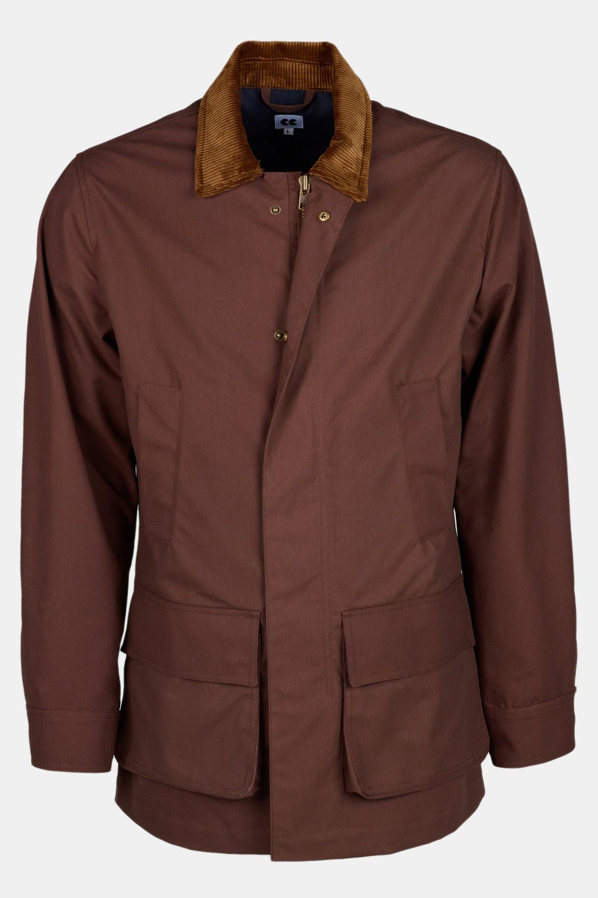 Ghost mannequin product shot of men's barn jacket in brown.