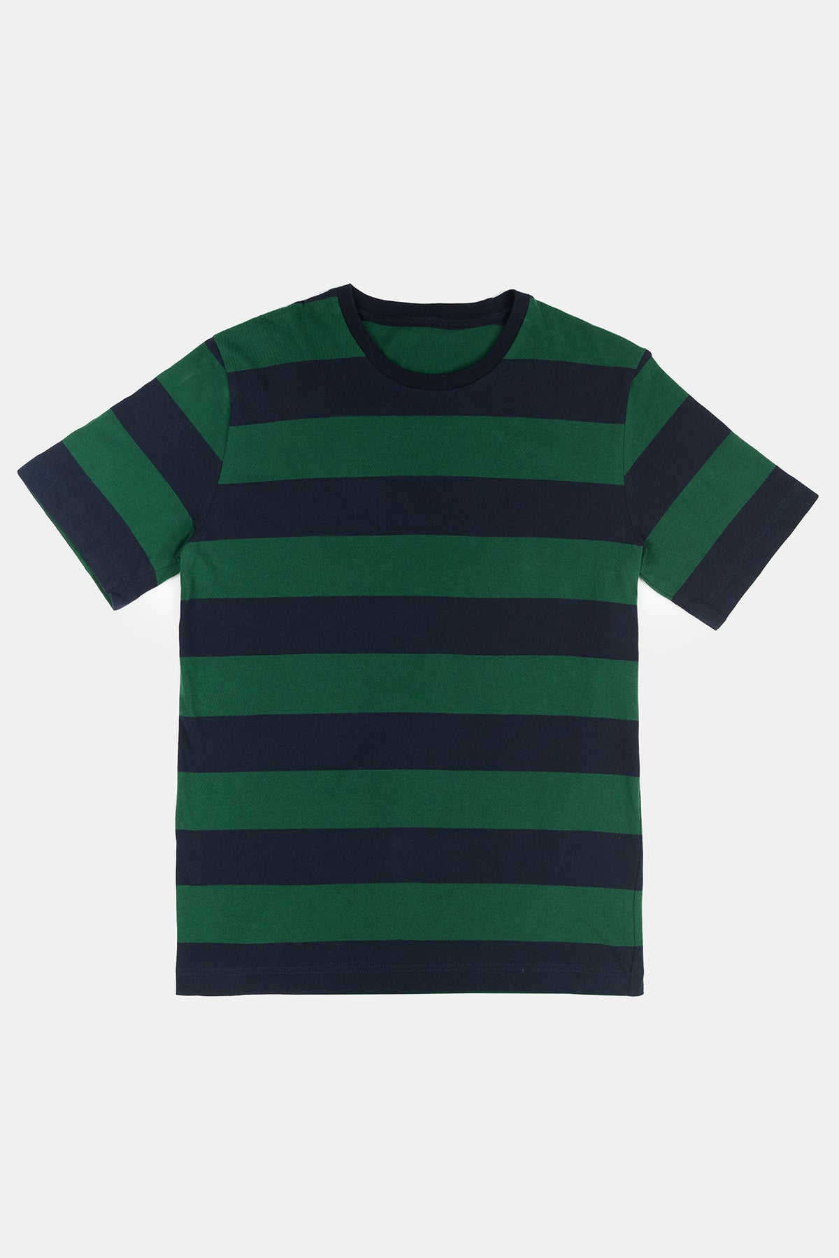 
            Flatay product shot of men&#39;s wide stripe short sleeve t shit in green and navy 