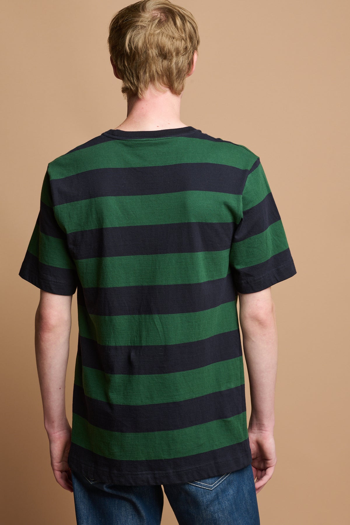 The back of male wearing wide stripe short sleeve t shirt in green and navy stripe