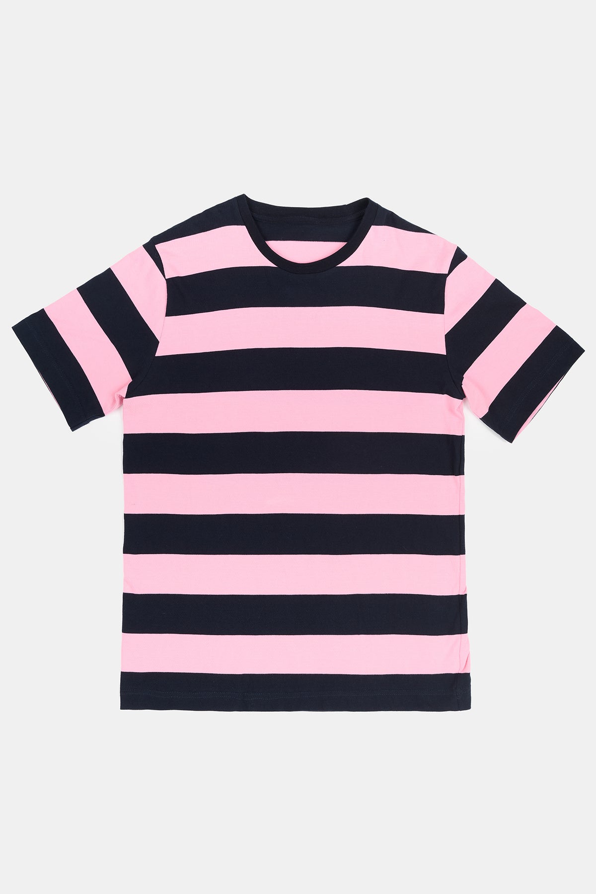 
            Flatlay product image of men&#39;s wide stripe short sleeve t shirt in pink and navy