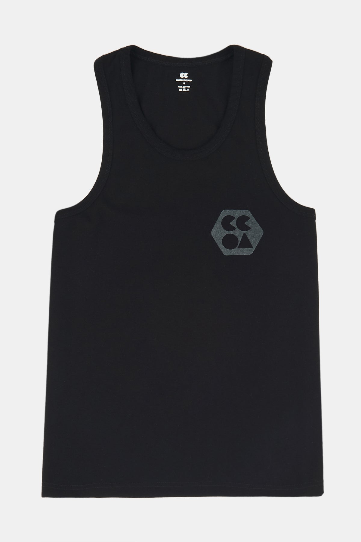 Flatlay product shot of men's breathable racer back vest plastic free in black with CCOA logo