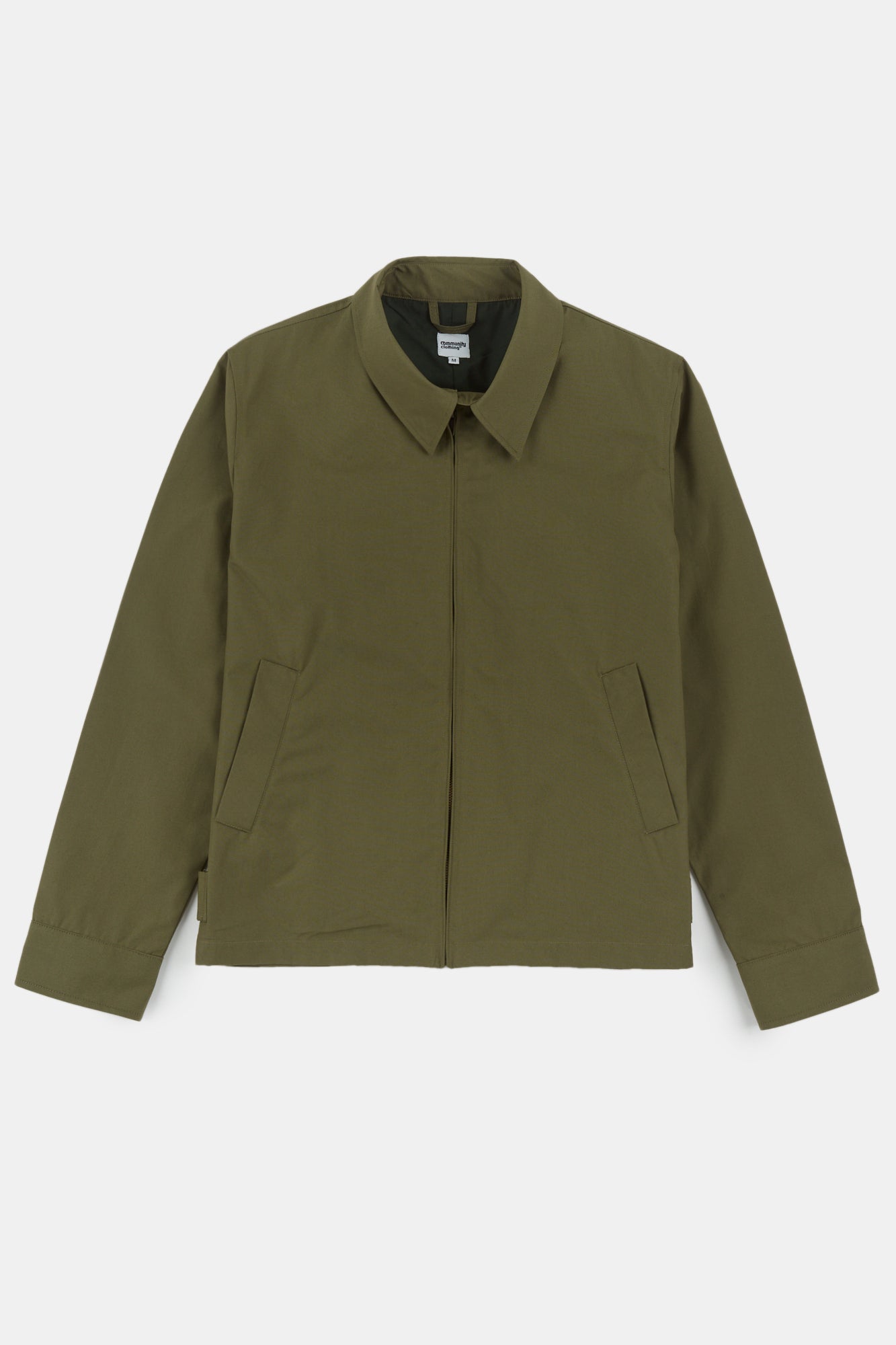 Flatlay image of men's collared Harrington jacket in olive 