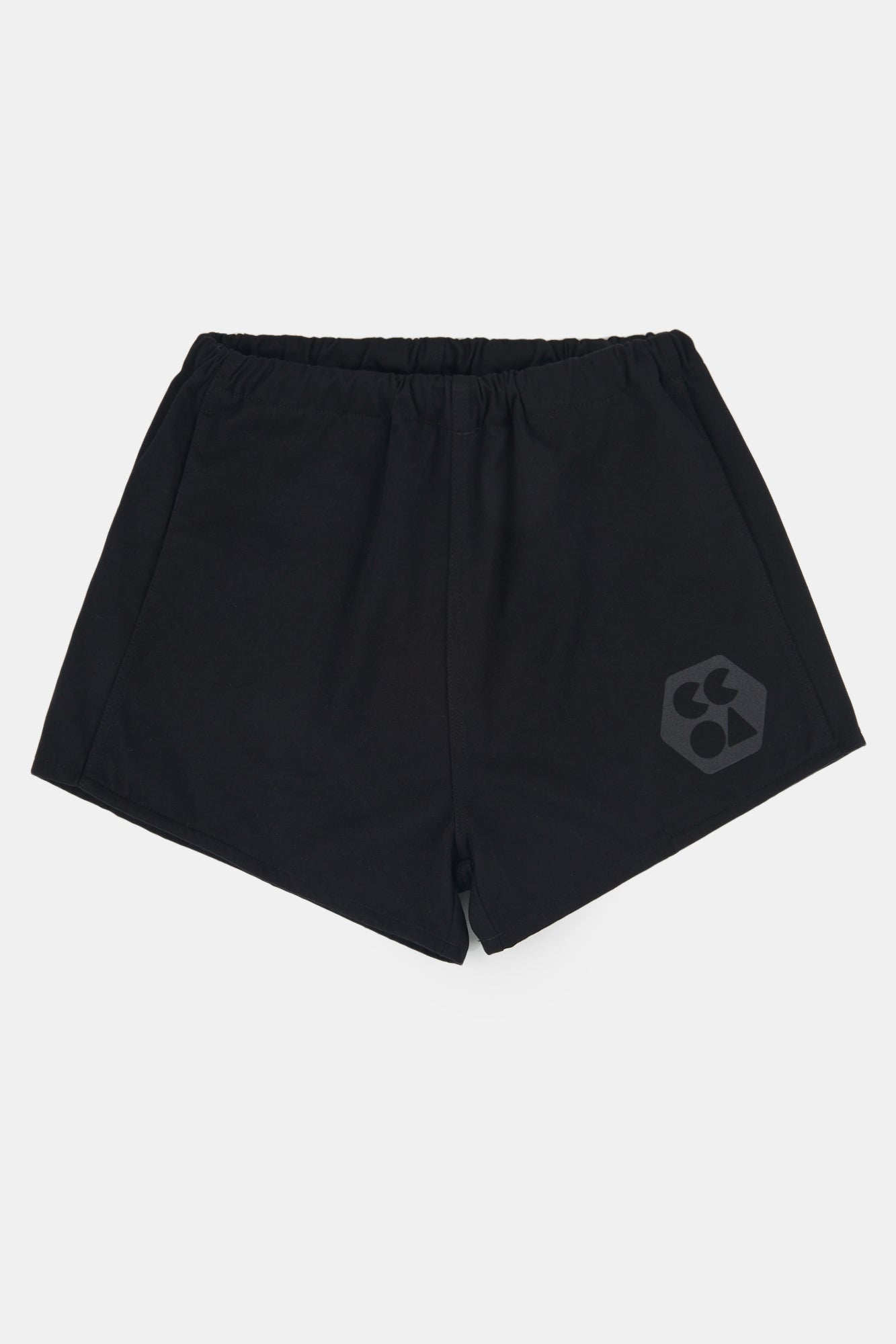 Flatlay product shot of heavyweight sports short plastic free in black